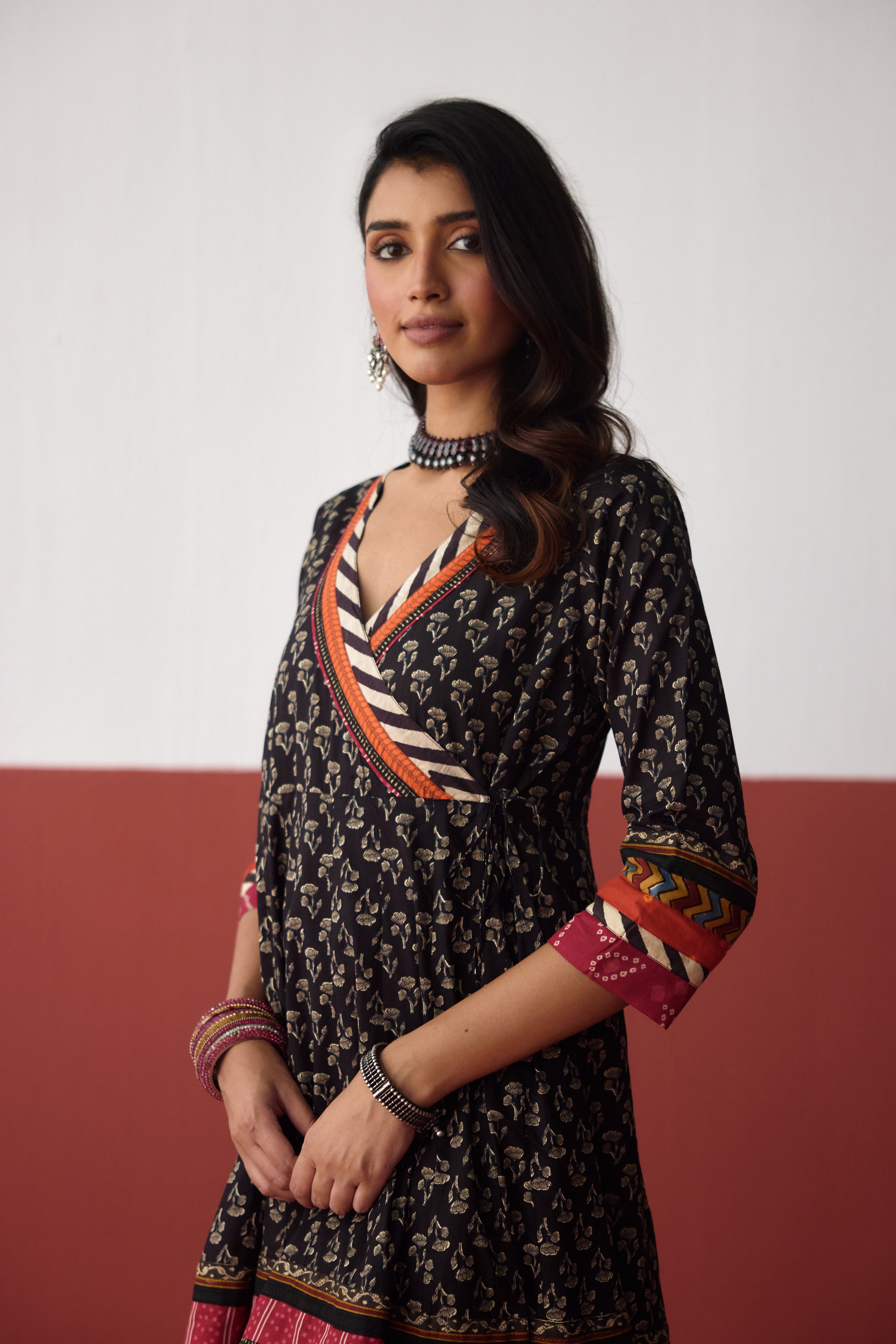 Nargis Angrakha Anarkali Cotton Printed Kurta Black (10083248800043)