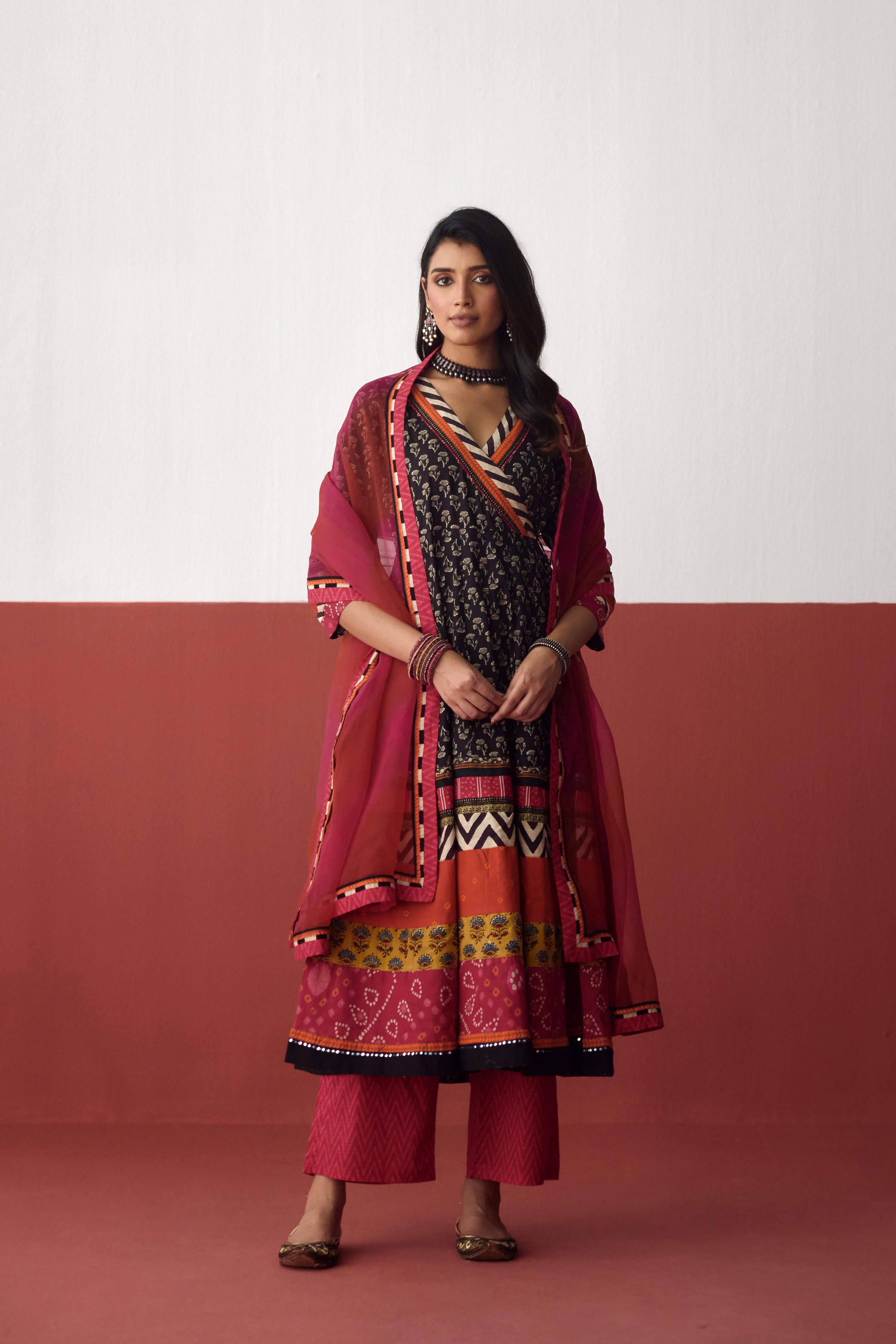 Nargis Angrakha Anarkali Cotton Printed Kurta Black (10083248800043)