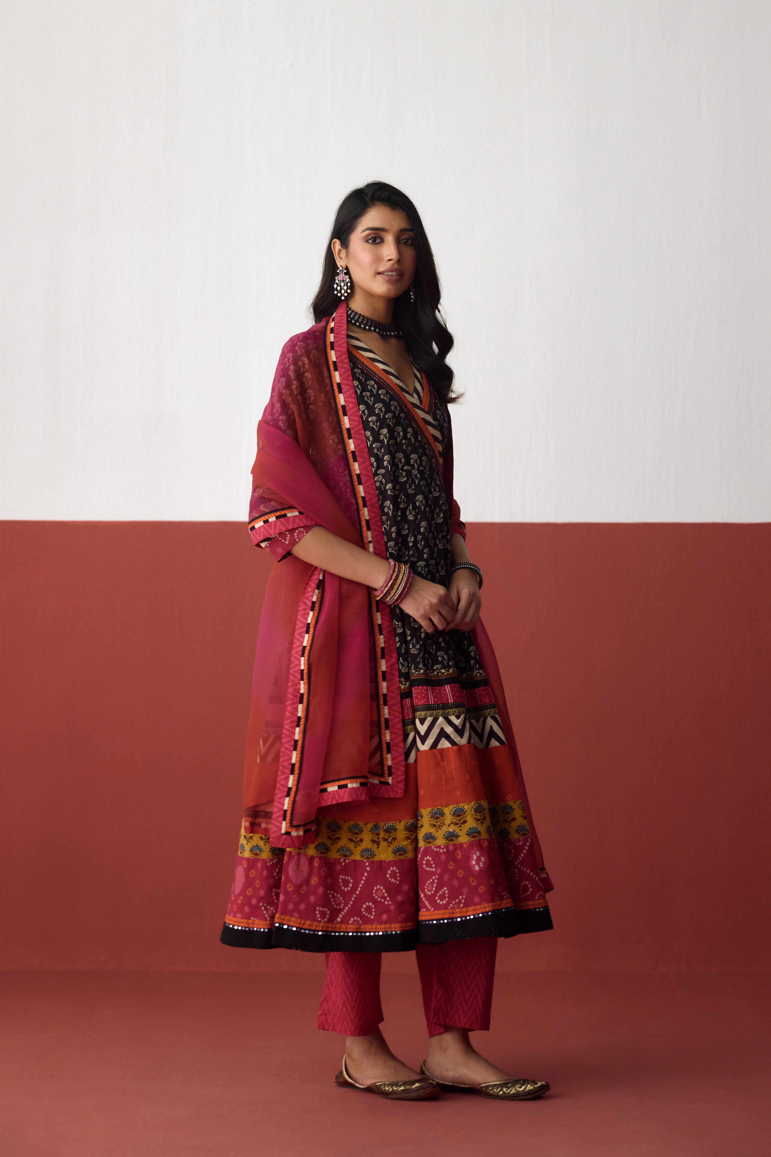 Nargis Angrakha Anarkali Cotton Printed Kurta Black (10083248800043)