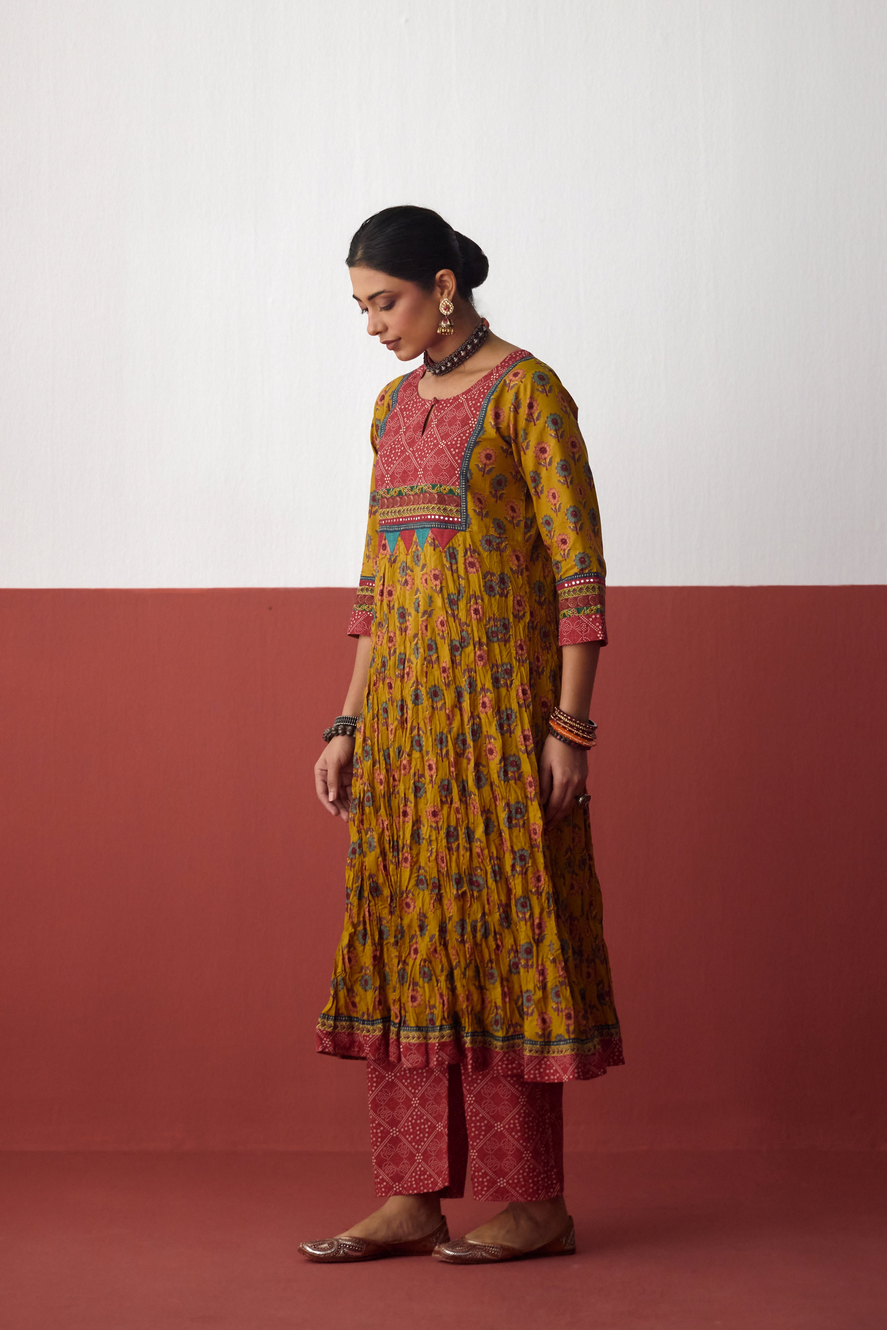 Rozana Anarkali Crinkled Printed Kurta Mustard (10083218358571)
