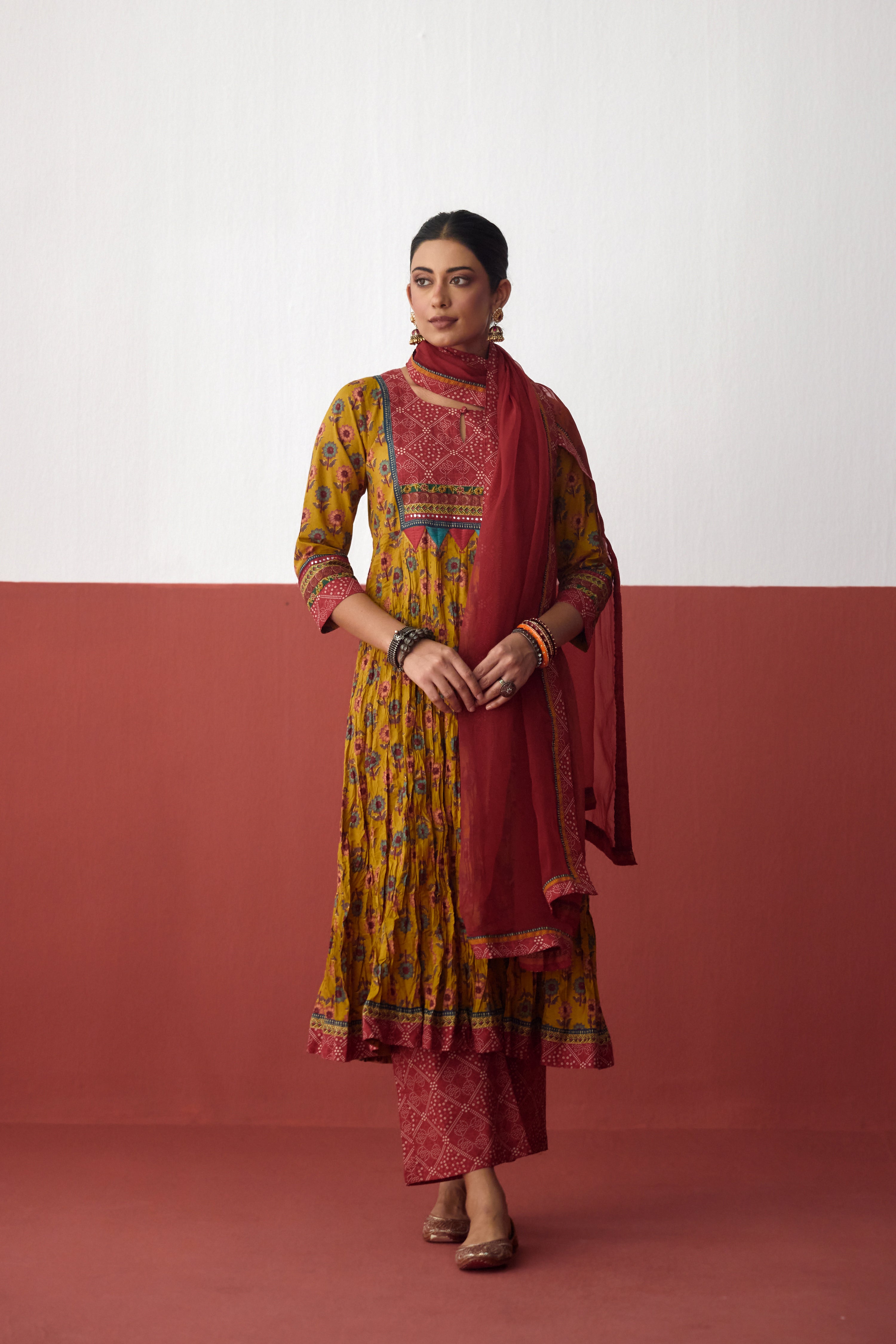 Rozana Anarkali Crinkled Printed Kurta Mustard (10083218358571)