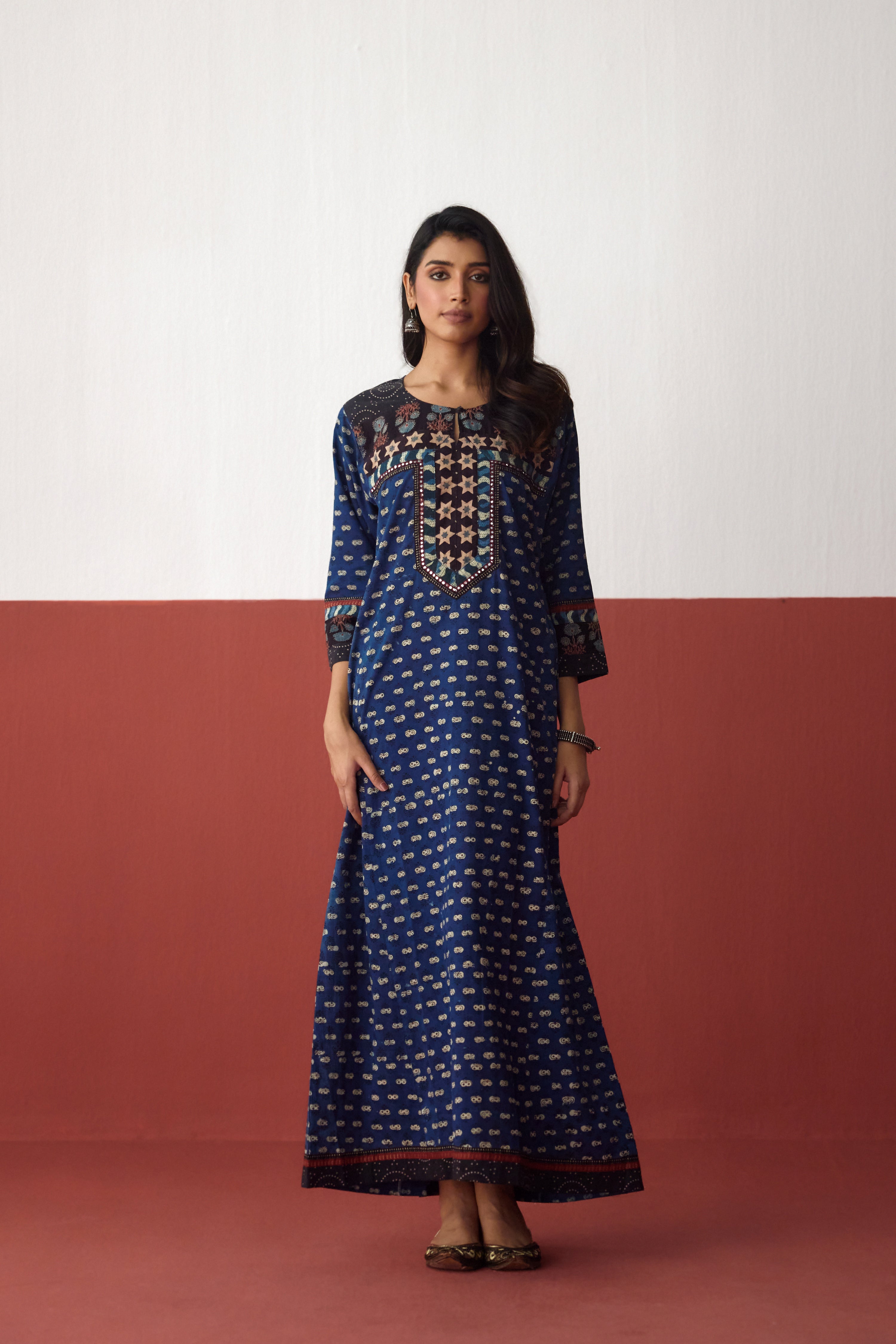 Rozana Cotton Hand Block Printed Caftan Blue (10083283665195)