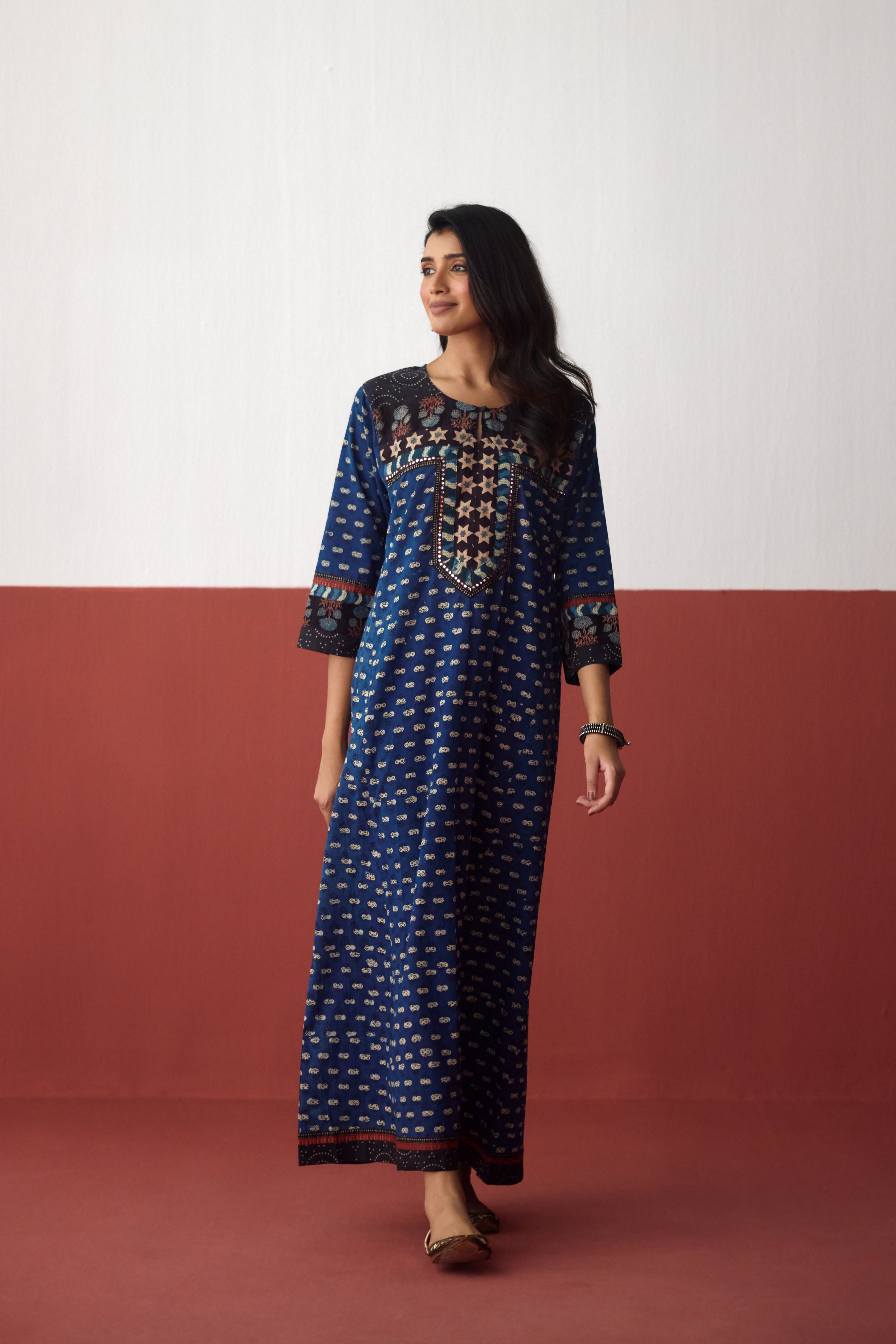 Rozana Cotton Hand Block Printed Caftan Blue (10083283665195)