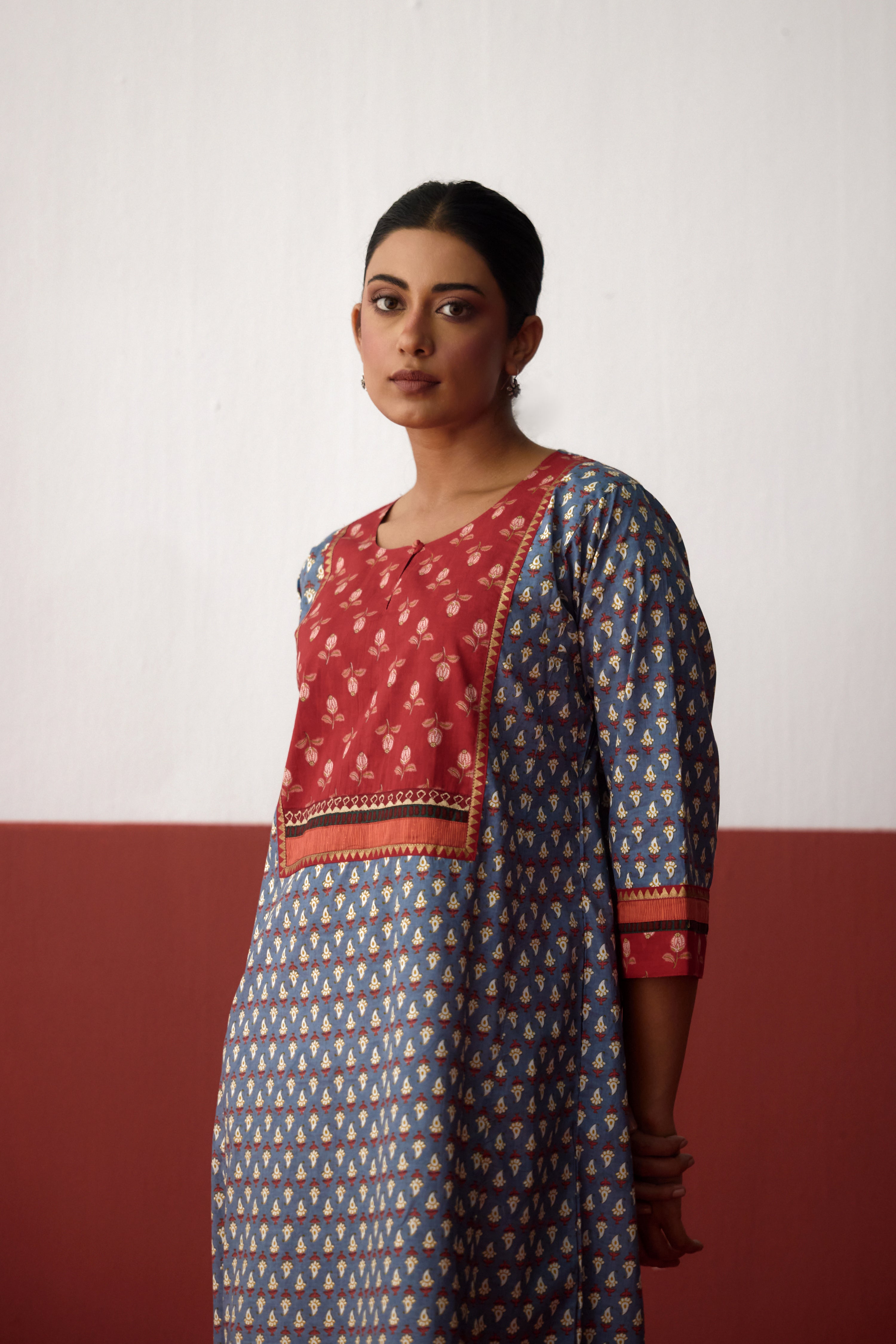 Rozana Cotton Printed Caftan Blue-Grey (10083276456235)