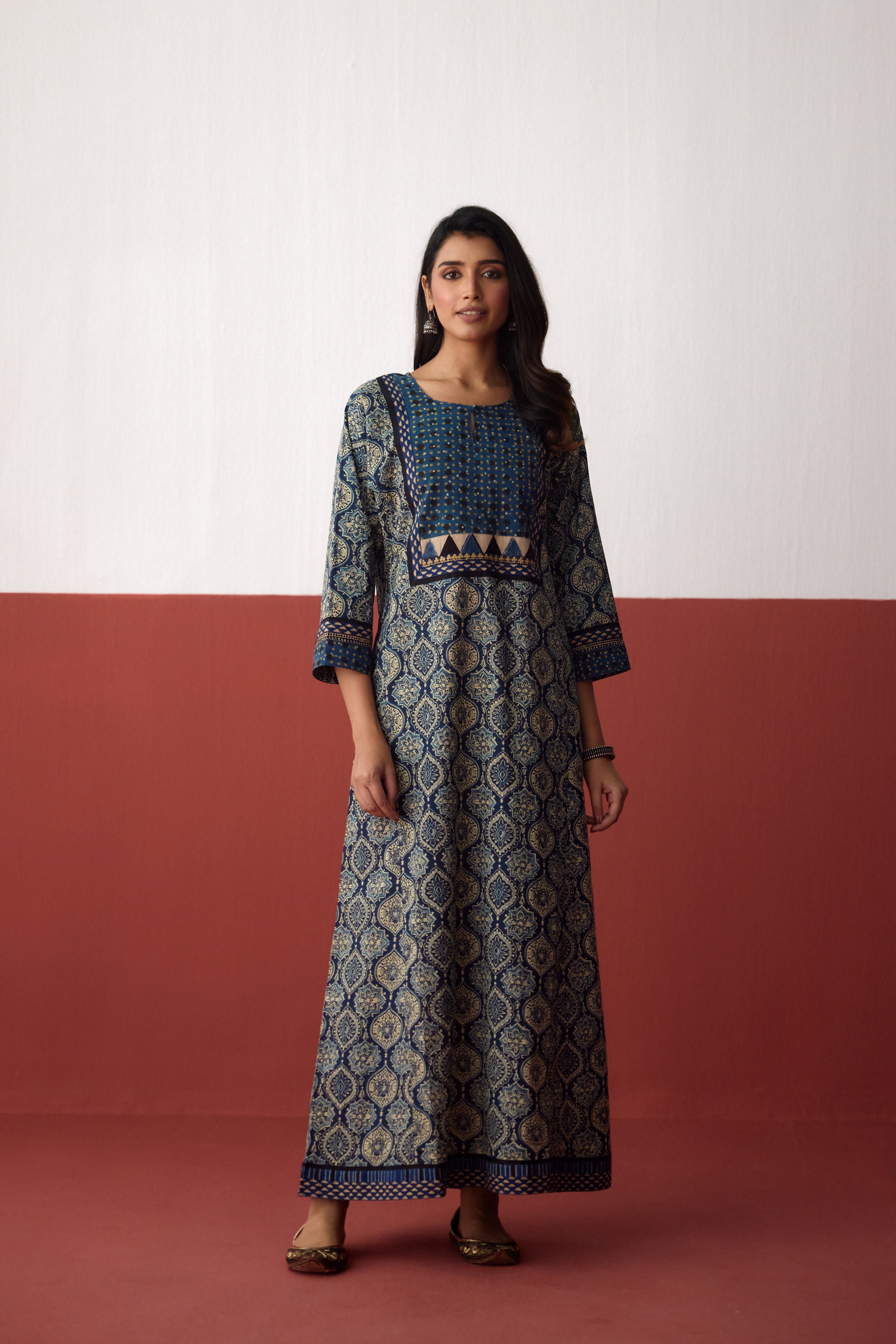 Rozana Cotton Printed Caftan Indigo Off White (10083271082283)