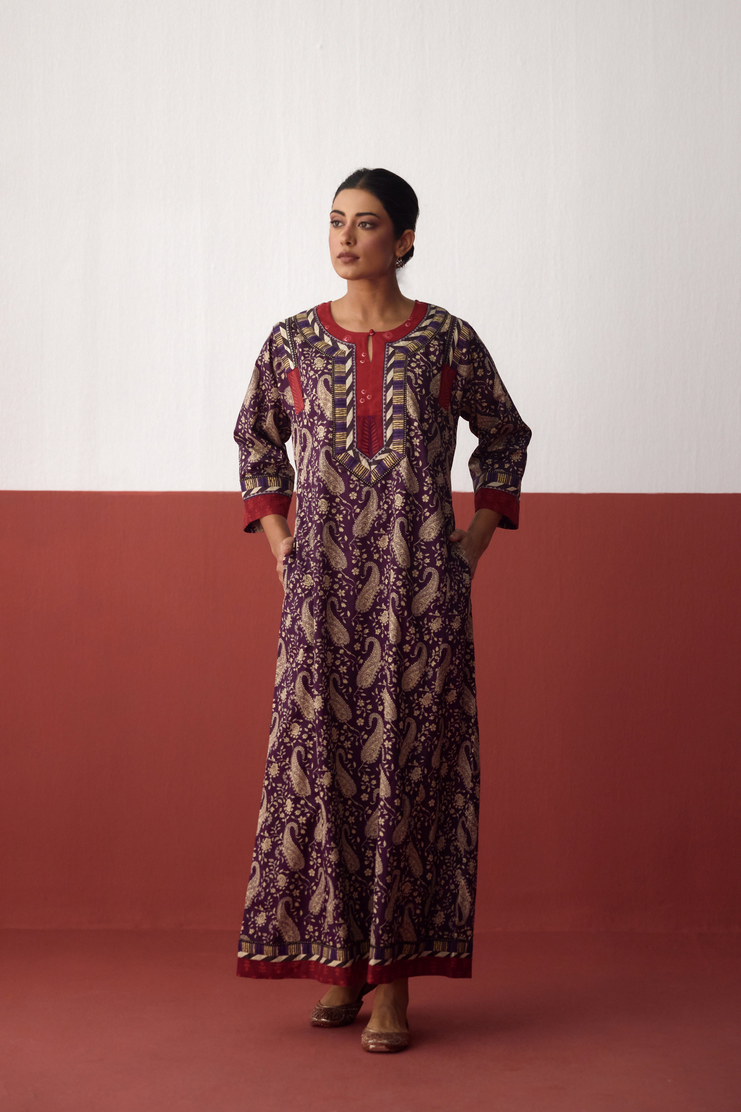 Adara Cotton Printed Caftan Purple Off White (10083278815531)