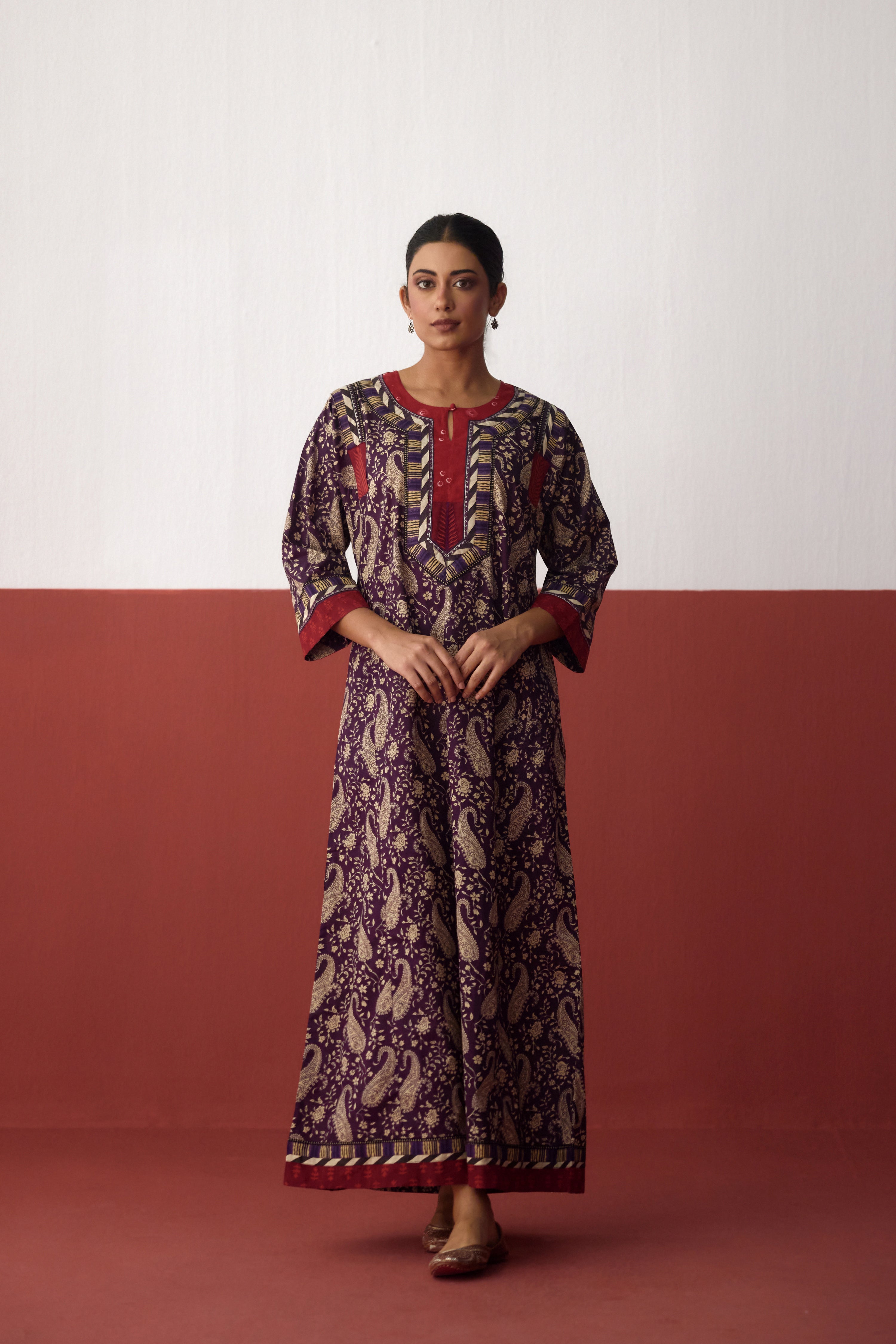 Adara Cotton Printed Caftan Purple Off White (10083278815531)