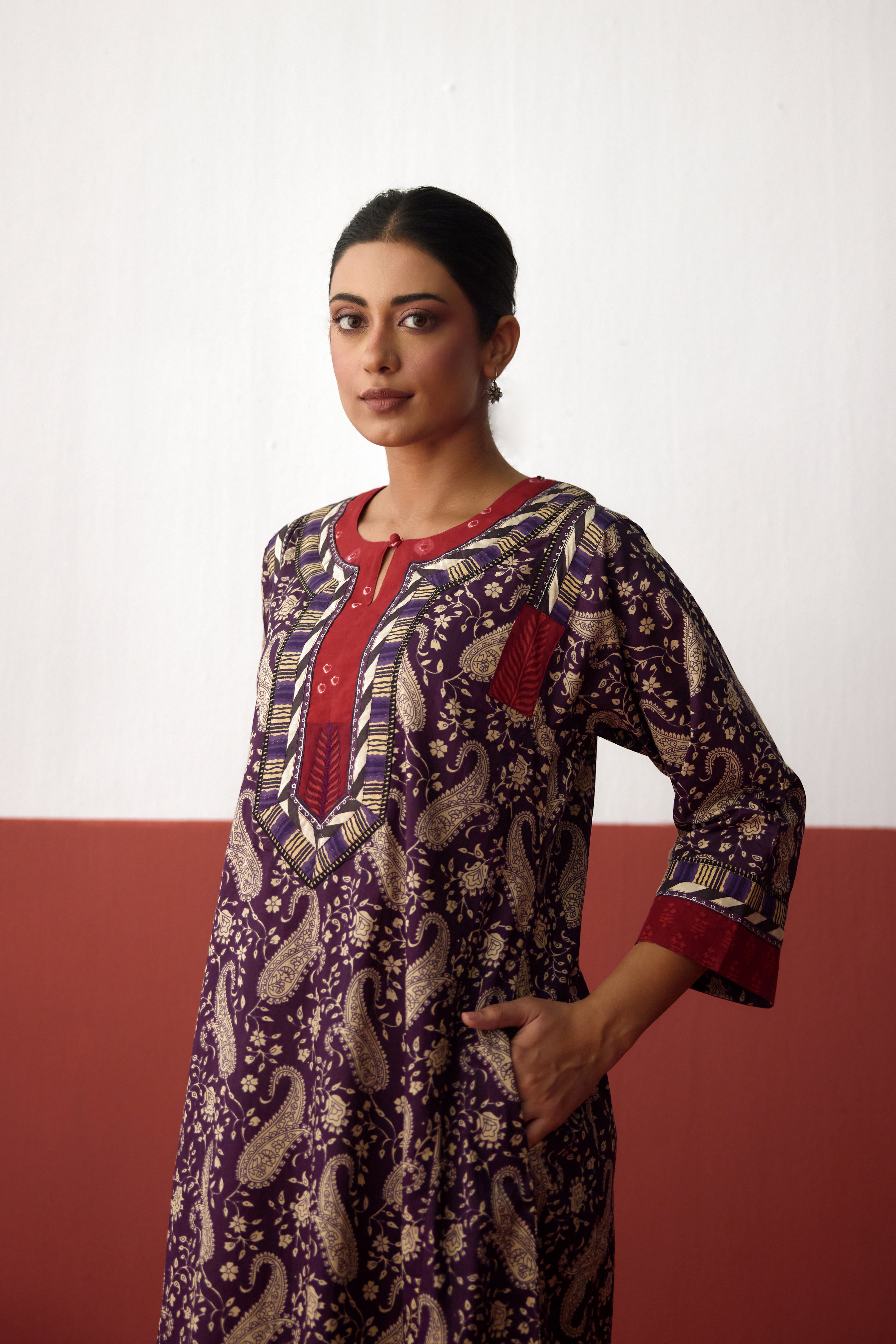 Adara Cotton Printed Caftan Purple Off White (10083278815531)