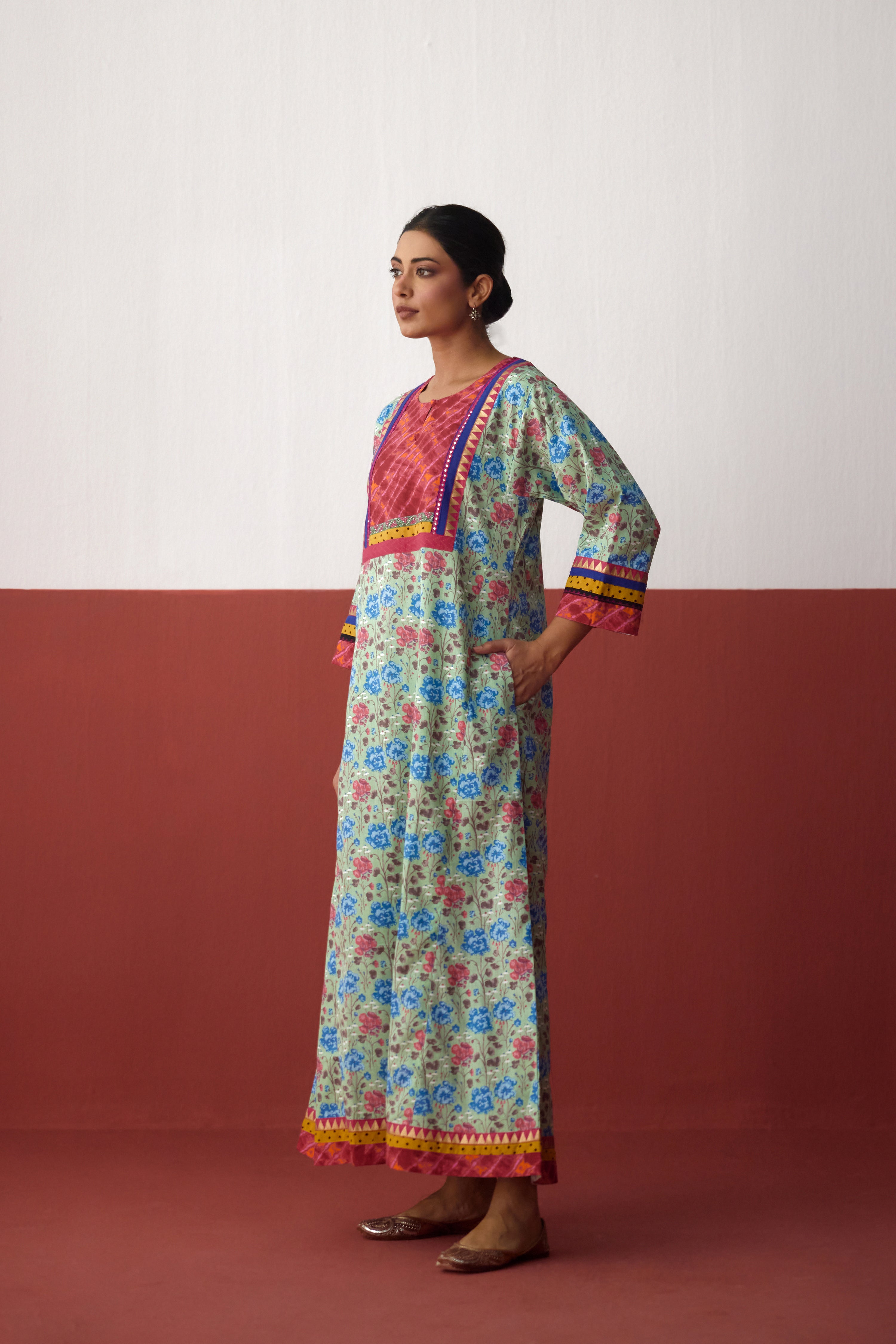 Rozana Cotton Slub Printed Caftan Light Green Blue (10083272261931)