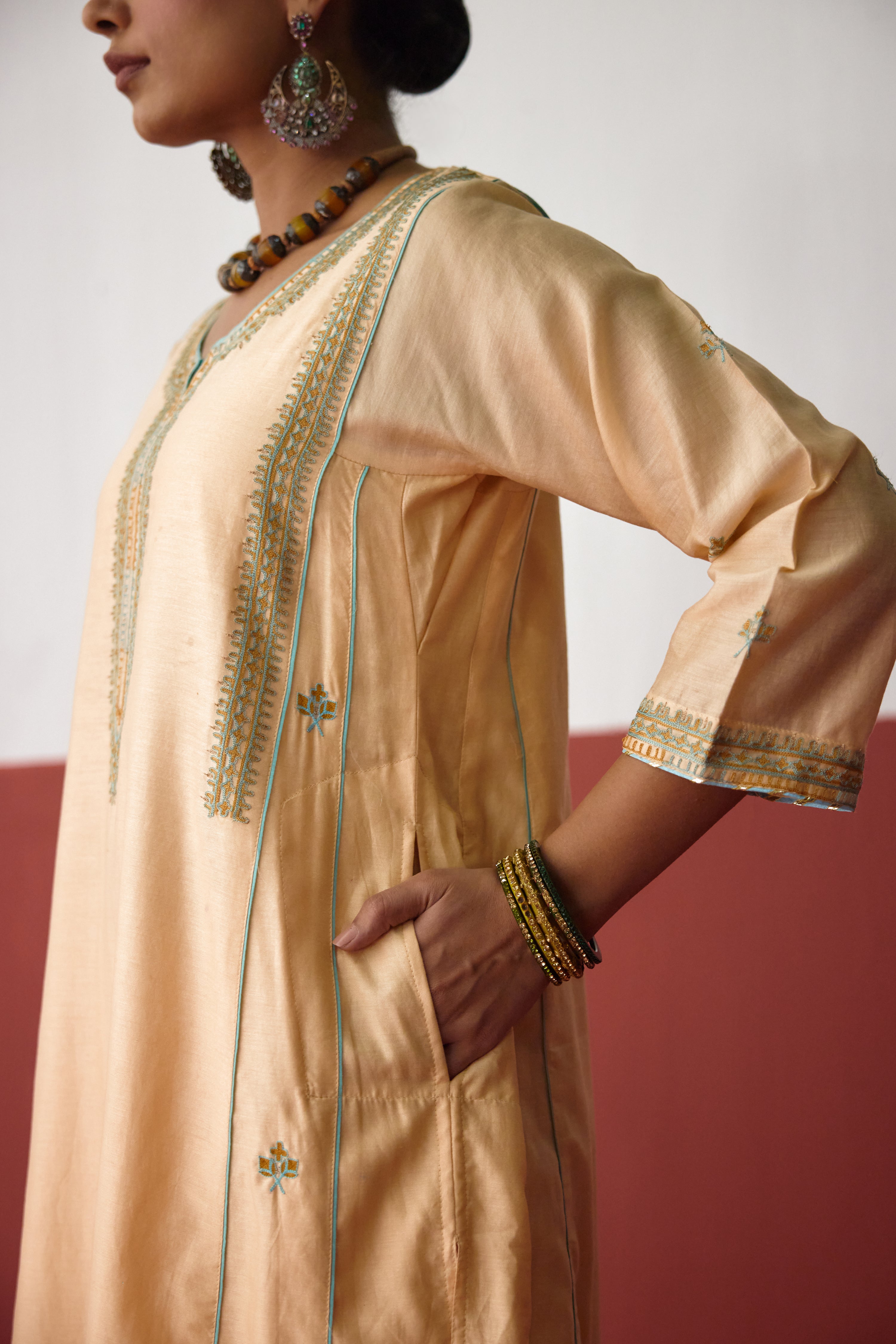 Tulsi Chanderi Embroidered Kurta Light Peach (10083426730283)