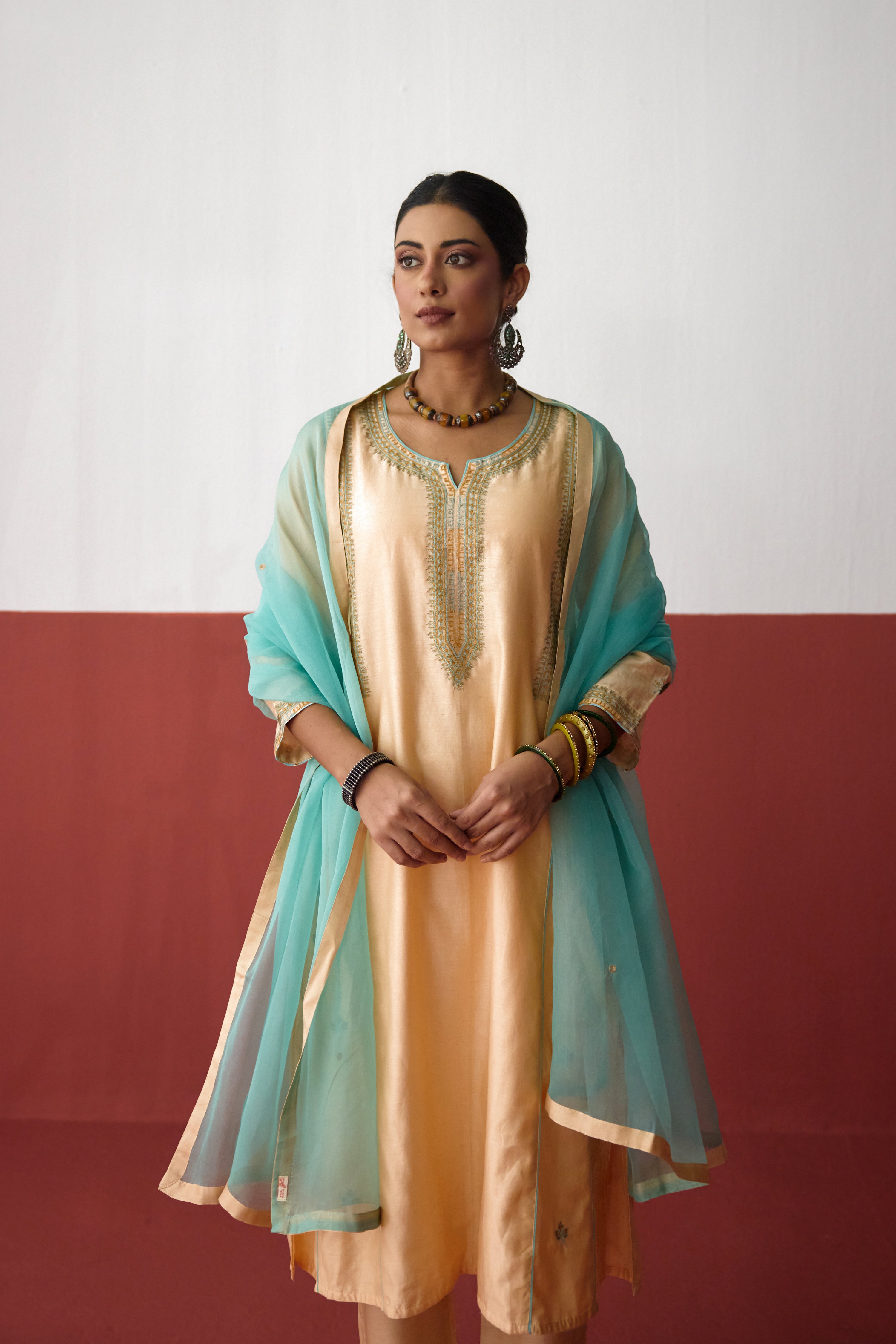 Tulsi Chanderi Embroidered Kurta Light Peach (10083426730283)