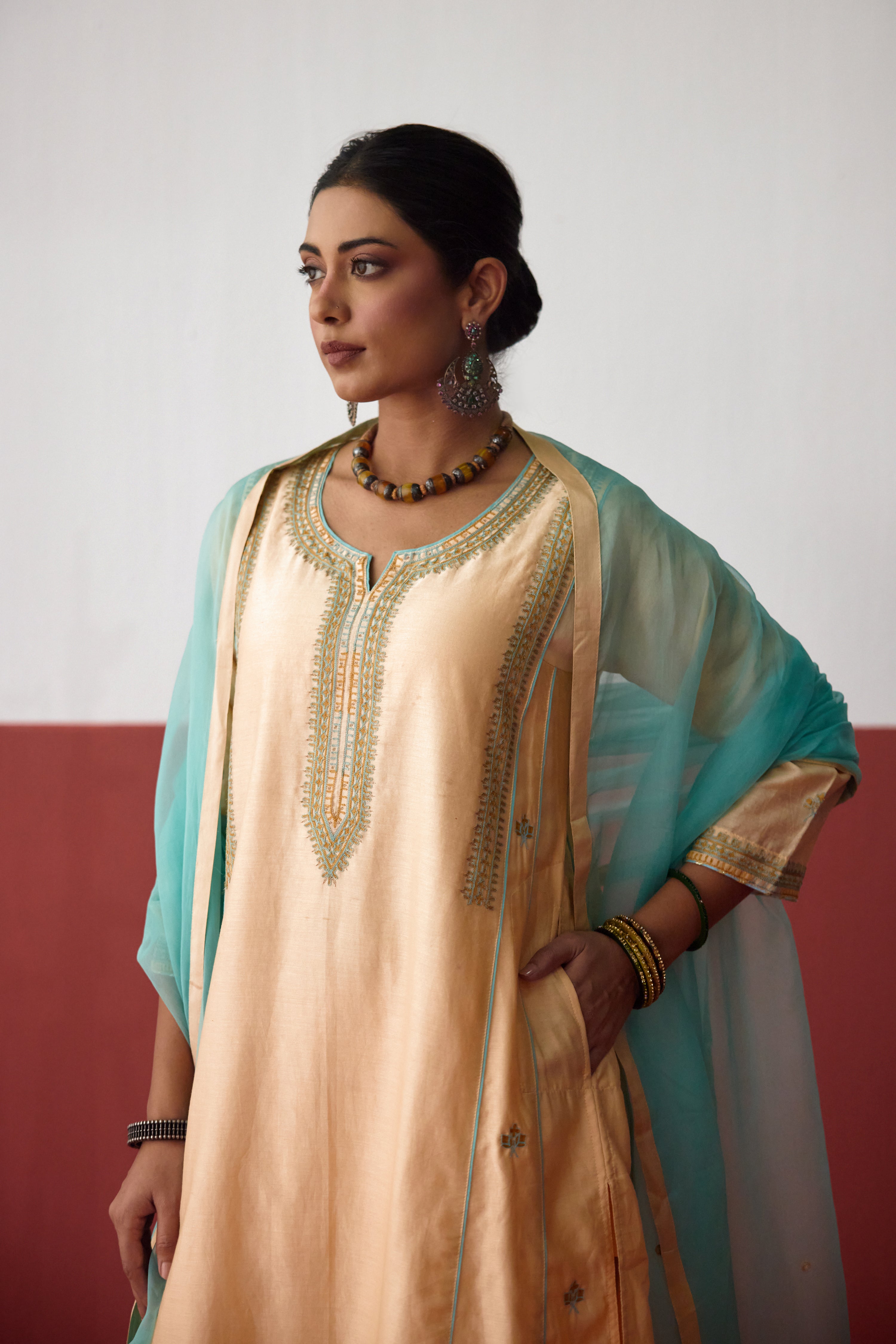 Tulsi Chanderi Embroidered Kurta Light Peach (10083426730283)