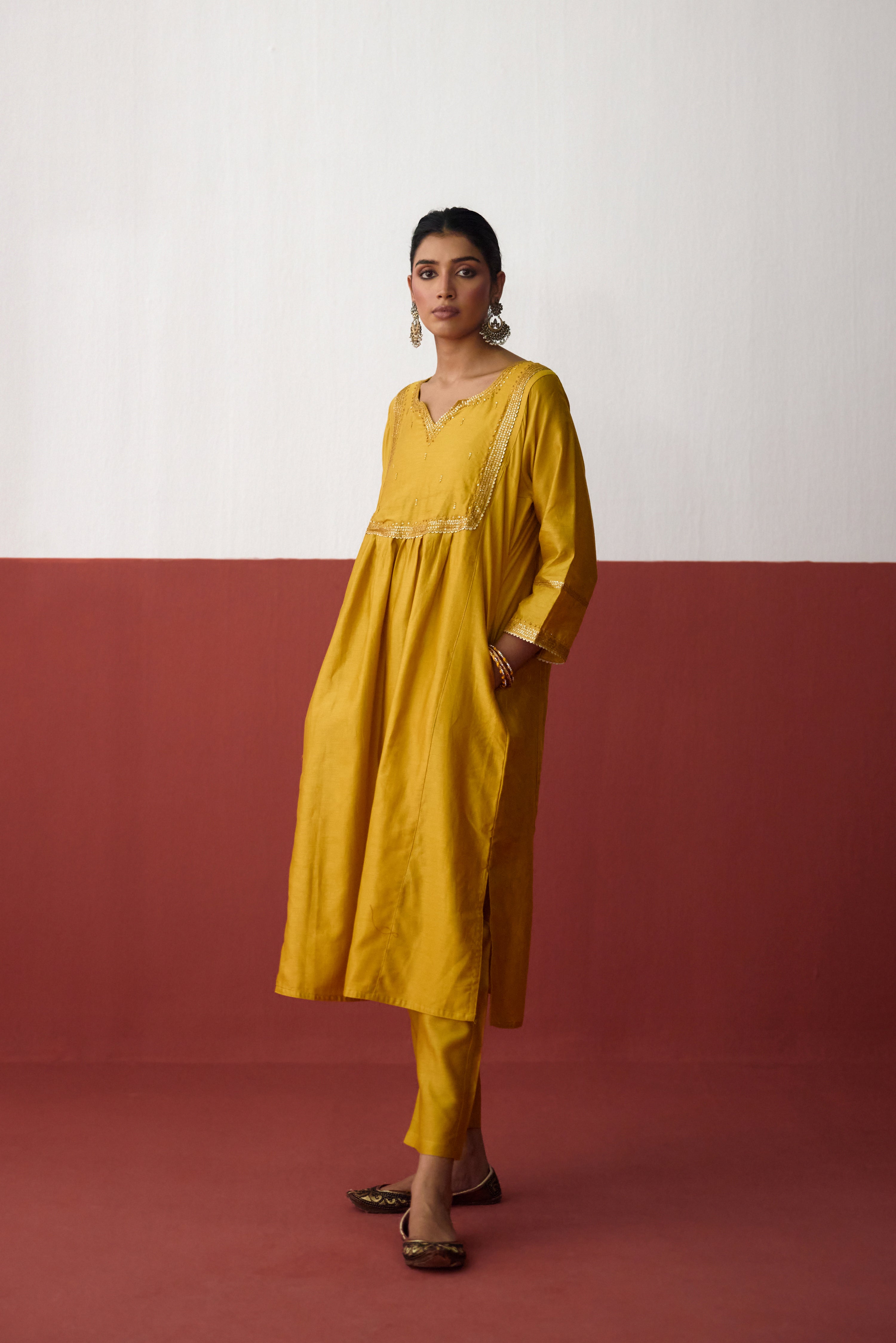 Meera Chanderi Embroidered Kurta Ochre Yellow (10083634446635)