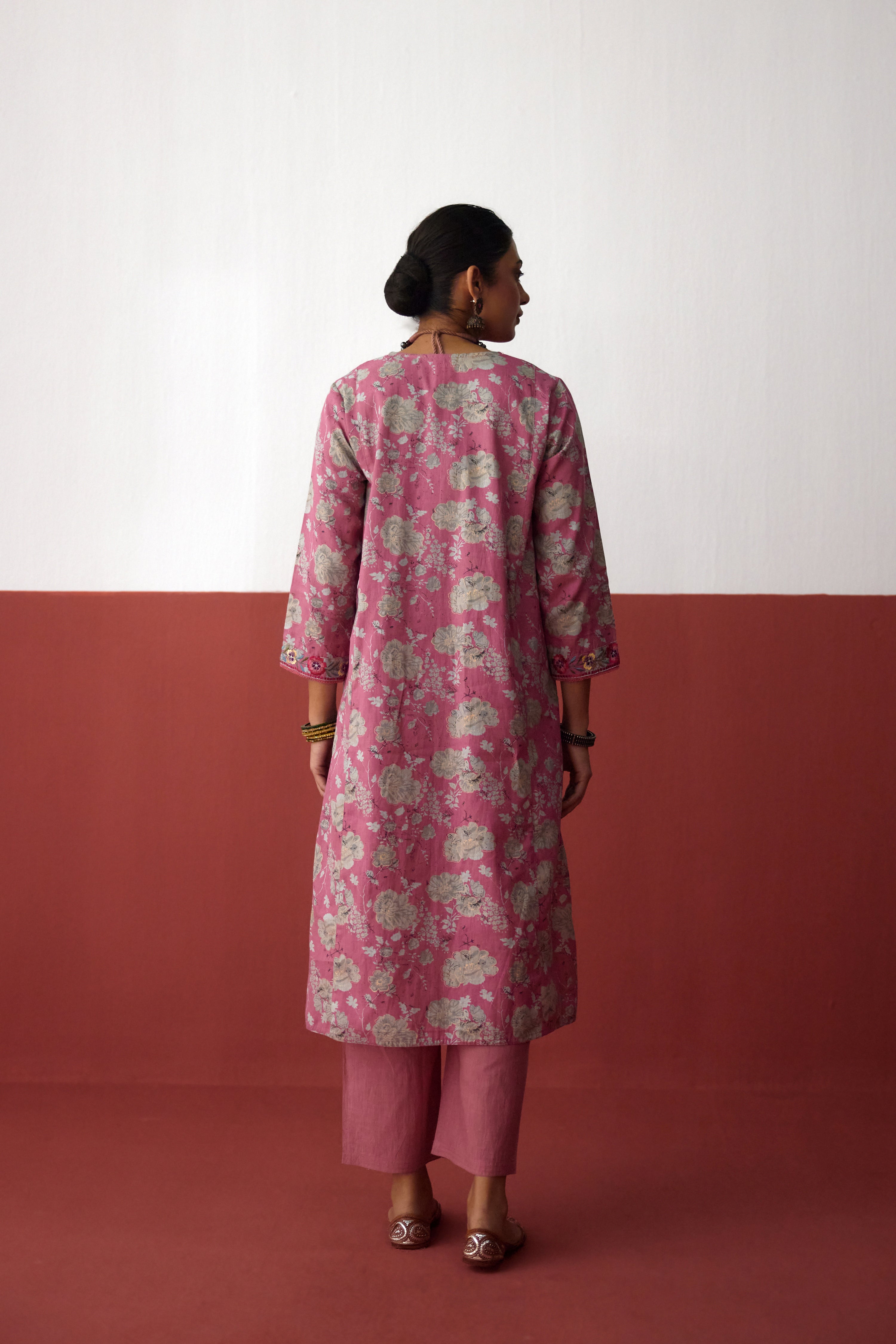 Elena Cotton Slub Embroidered Kurta Pink Grey (10083437740331)