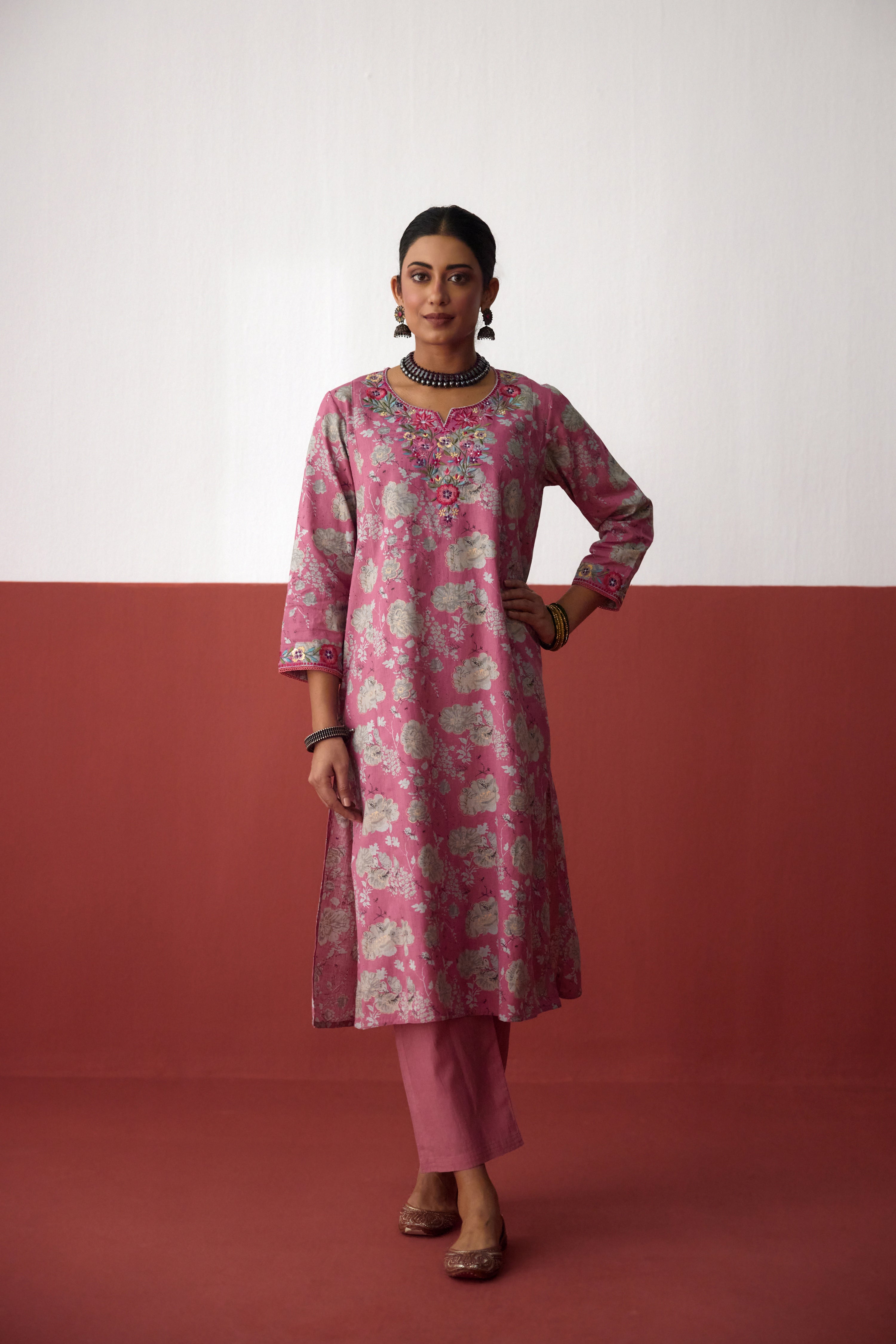 Elena Cotton Slub Embroidered Kurta Pink Grey (10083437740331)