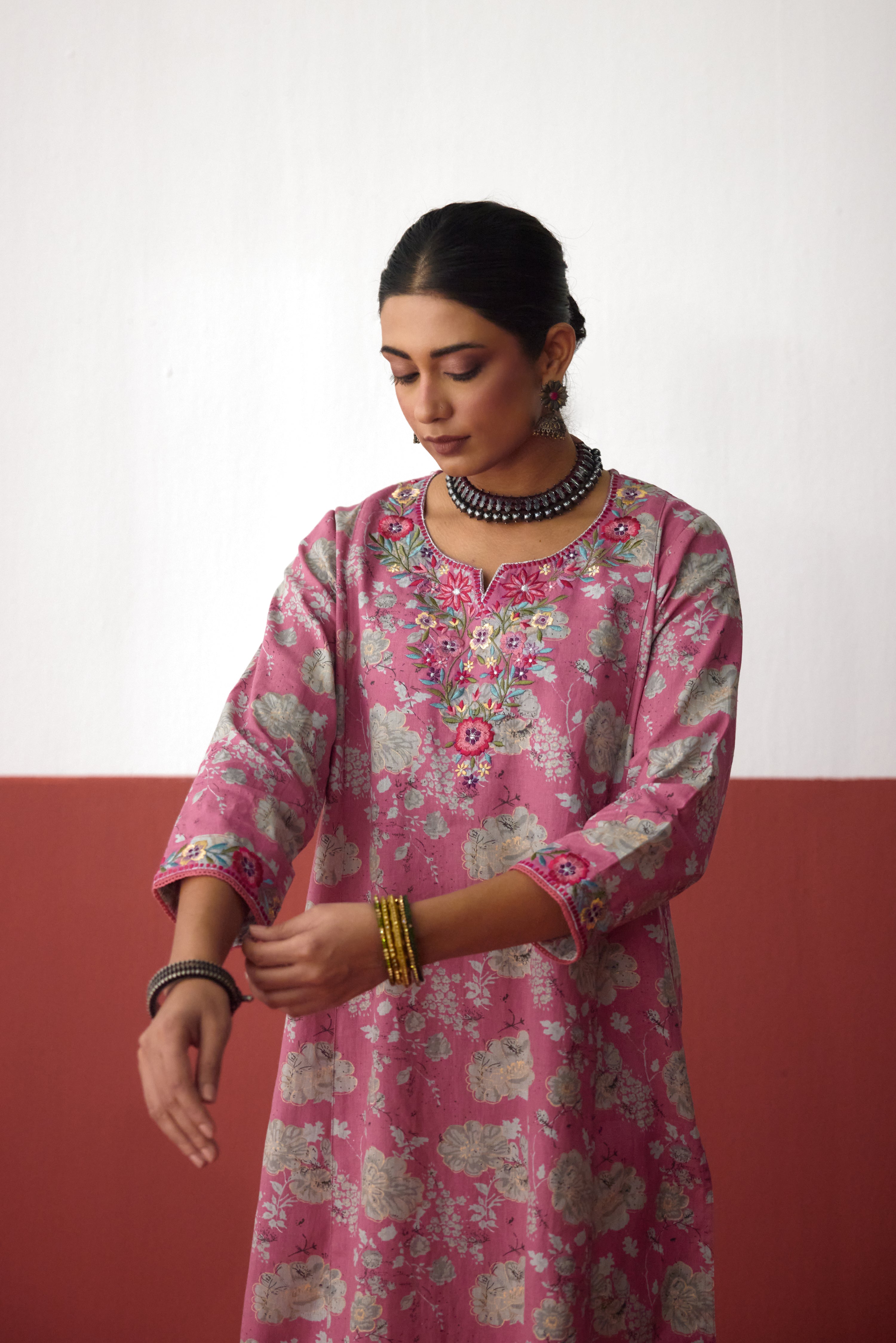 Elena Cotton Slub Embroidered Kurta Pink Grey (10083437740331)