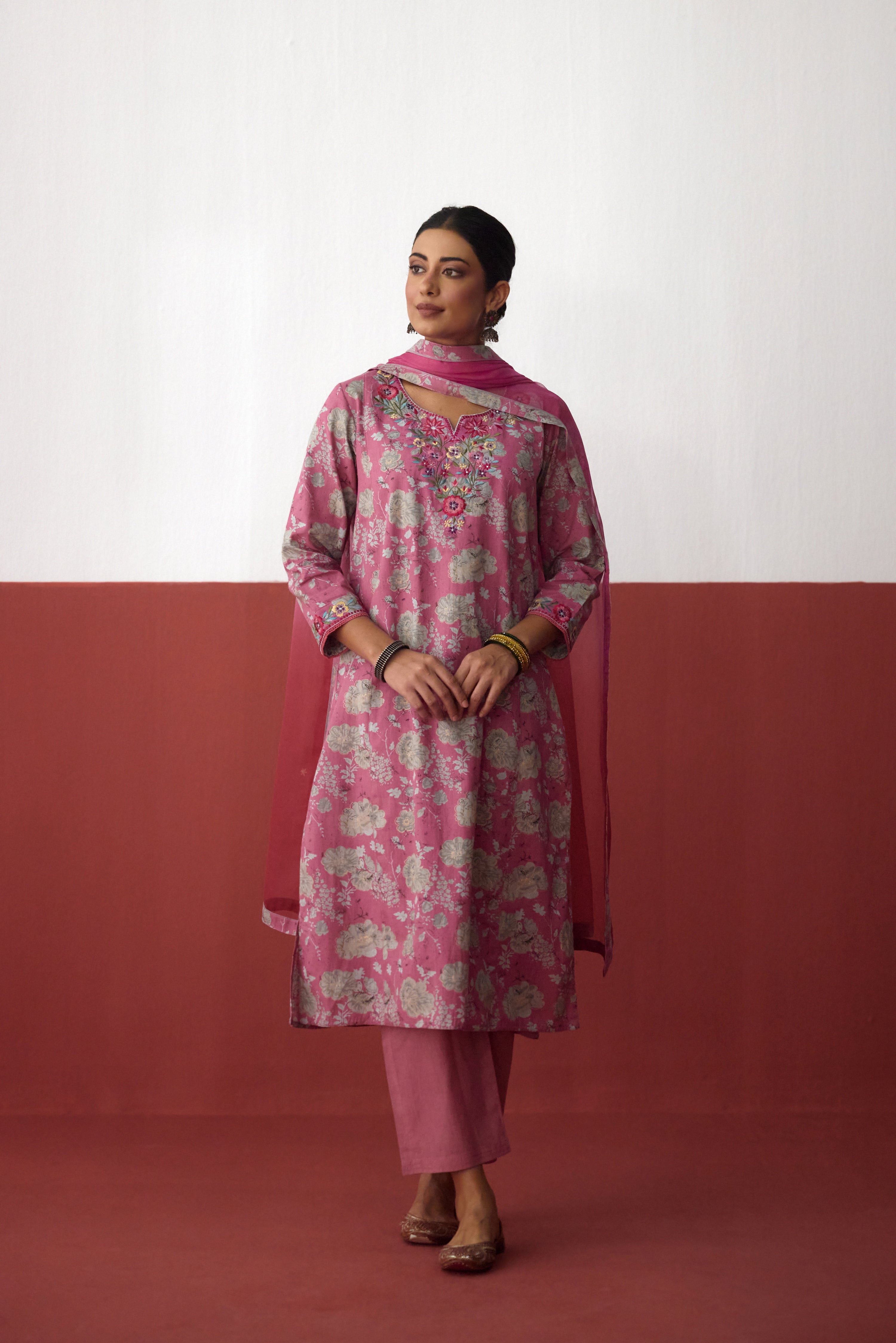 Elena Cotton Slub Embroidered Kurta Pink Grey (10083437740331)
