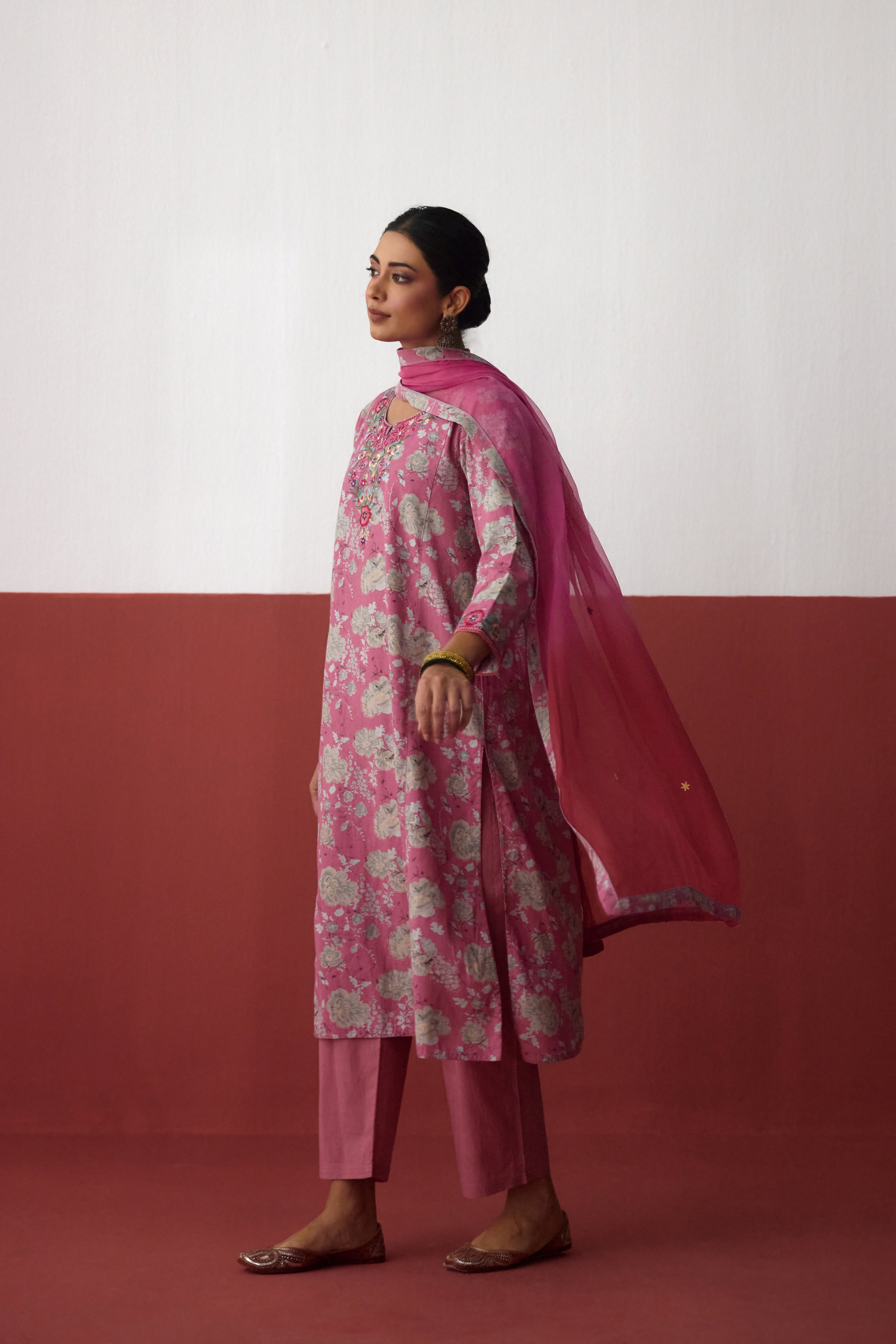 Elena Cotton Slub Embroidered Kurta Pink Grey (10083437740331)