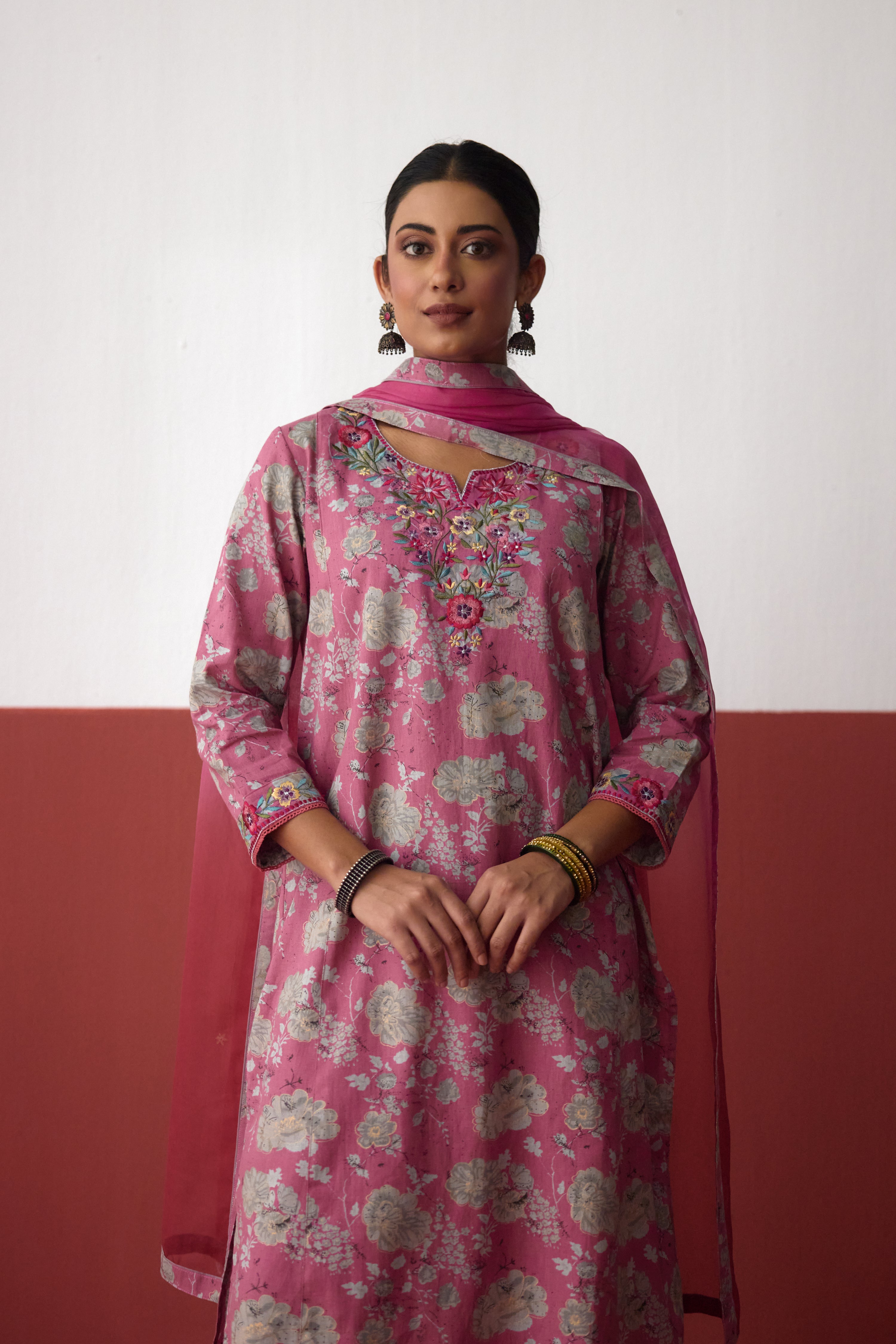 Elena Cotton Slub Embroidered Kurta Pink Grey (10083437740331)