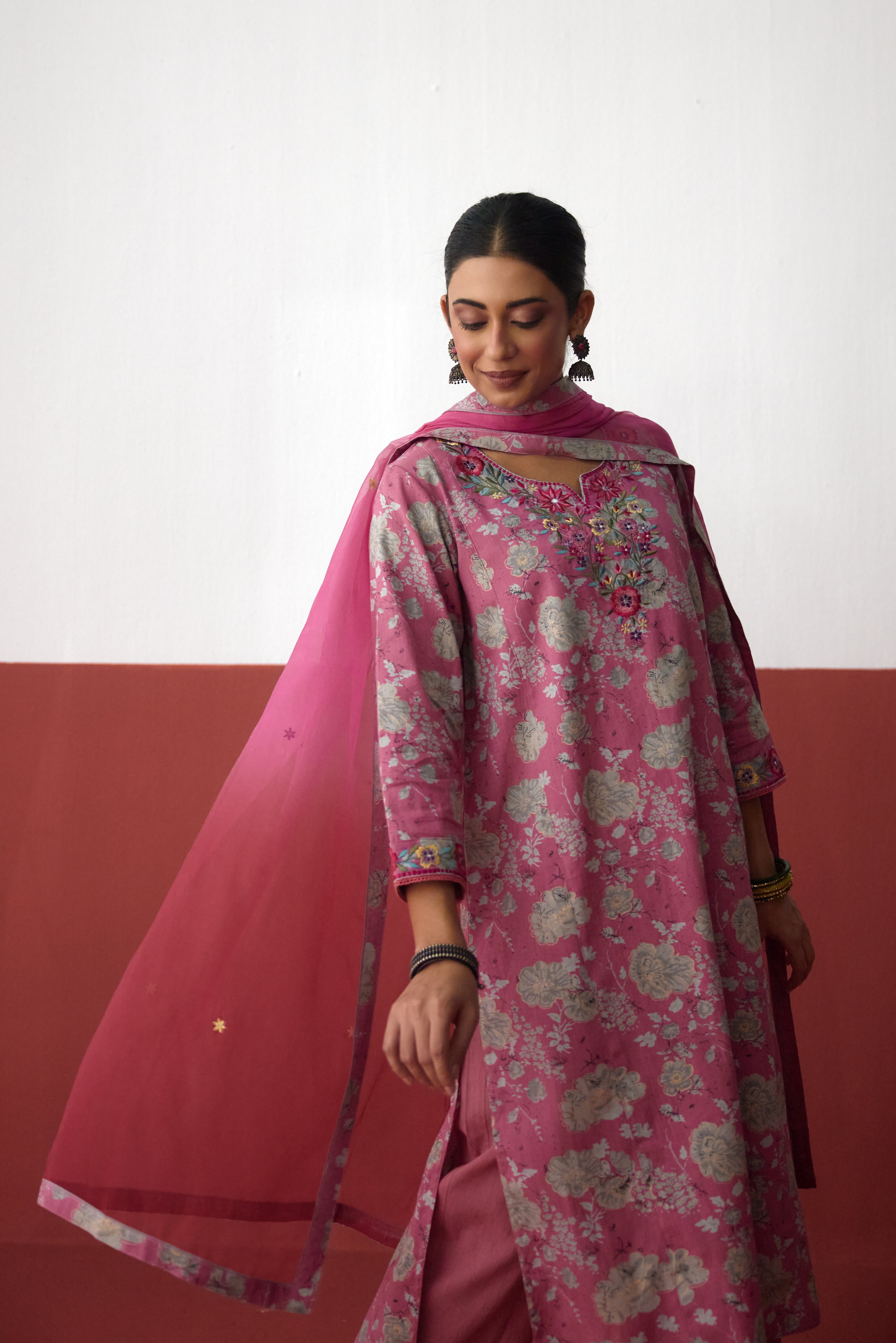 Elena Cotton Slub Embroidered Kurta Pink Grey (10083437740331)