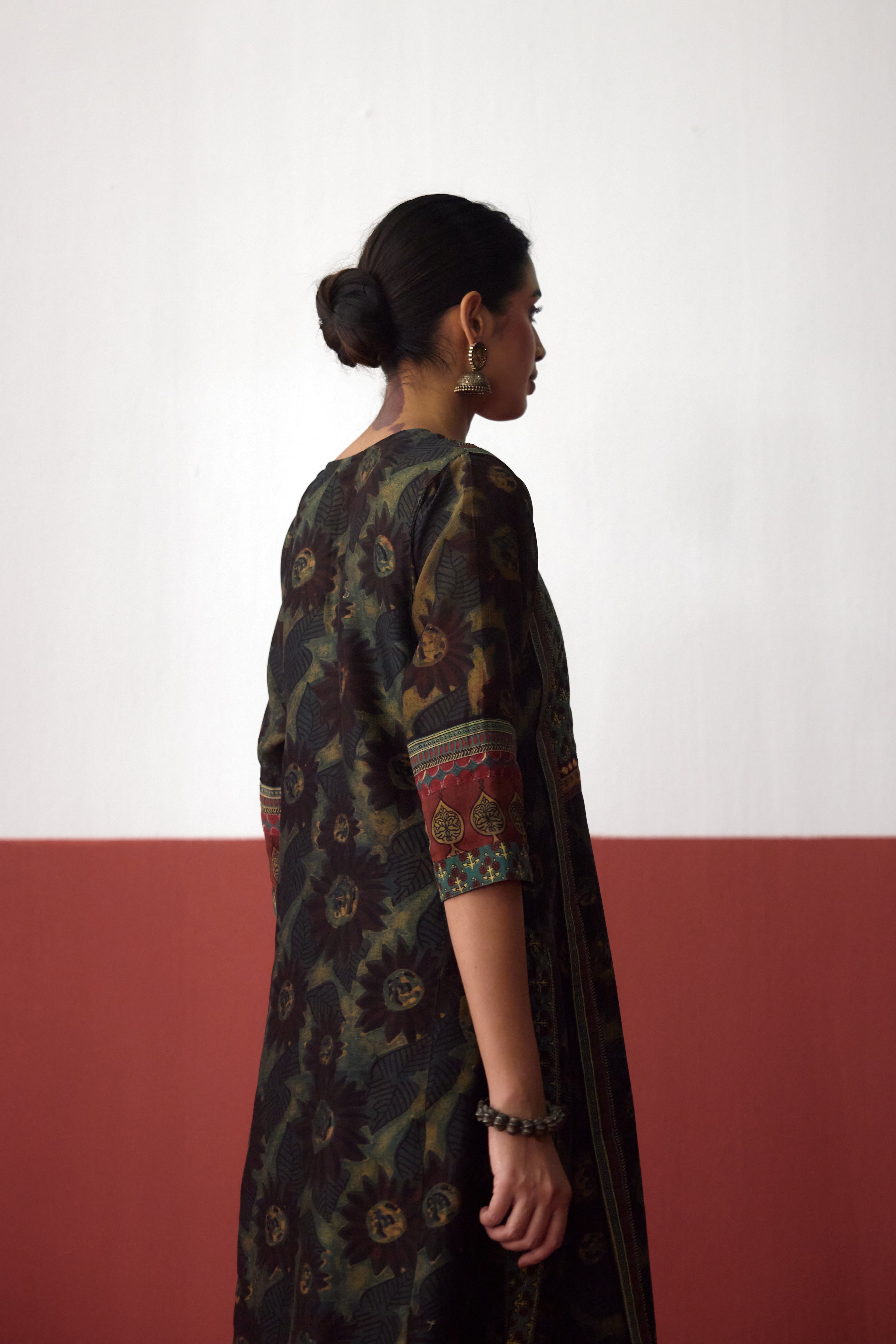 Rozana Chanderi Vanaspati Printed Kurta Green Rust (10083660693803)