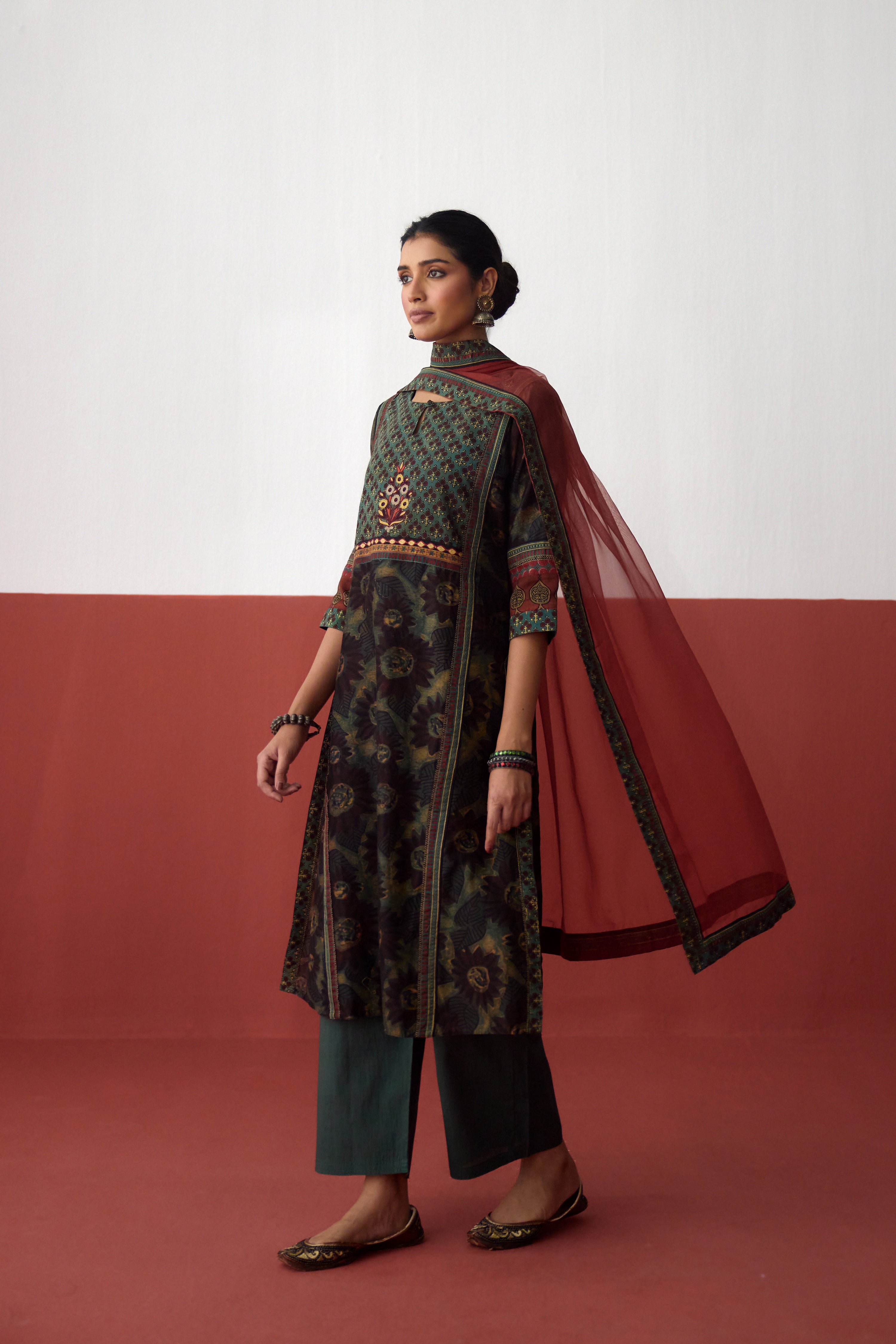 Rozana Chanderi Vanaspati Printed Kurta Green Rust (10083660693803)