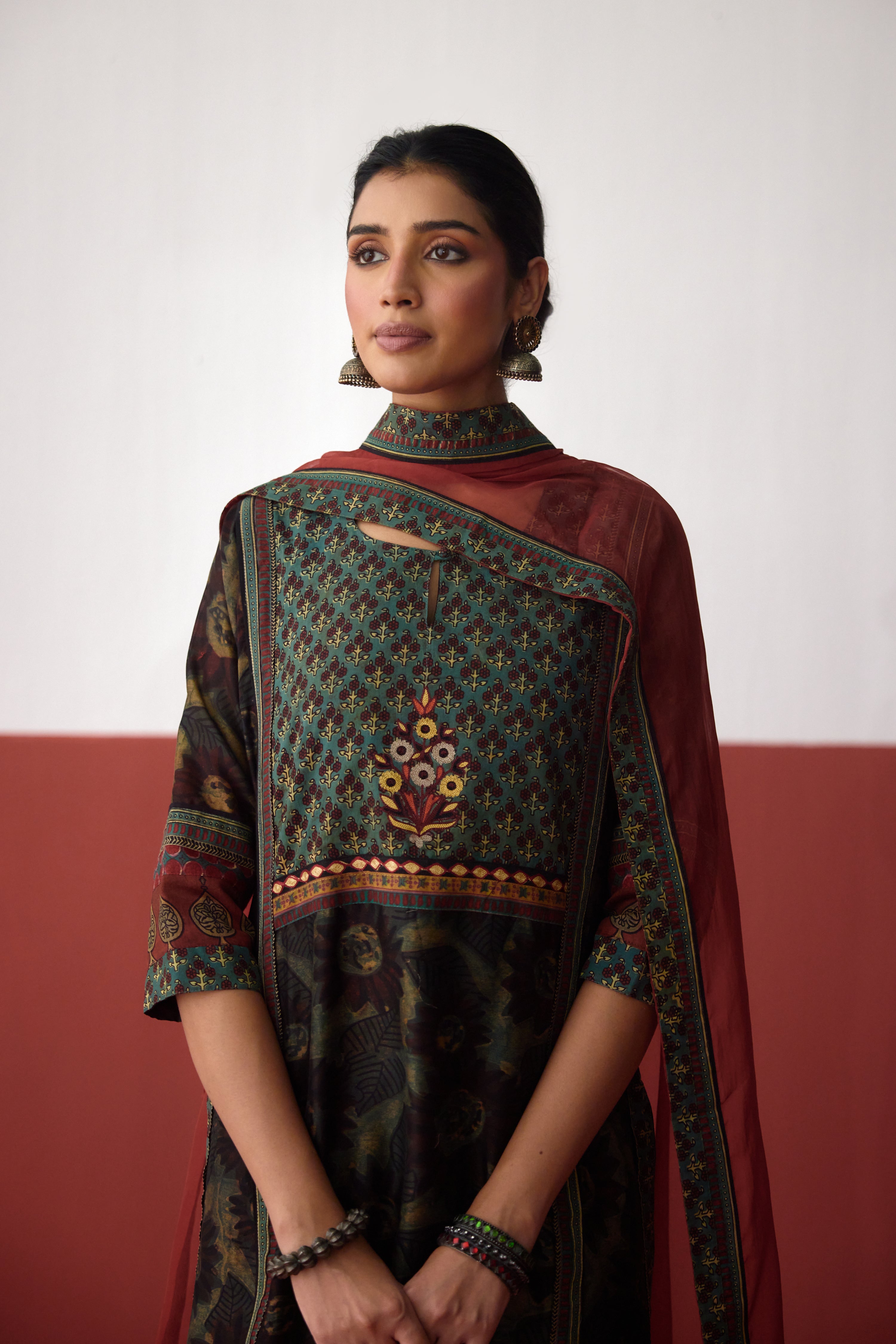 Rozana Chanderi Vanaspati Printed Kurta Green Rust (10083660693803)