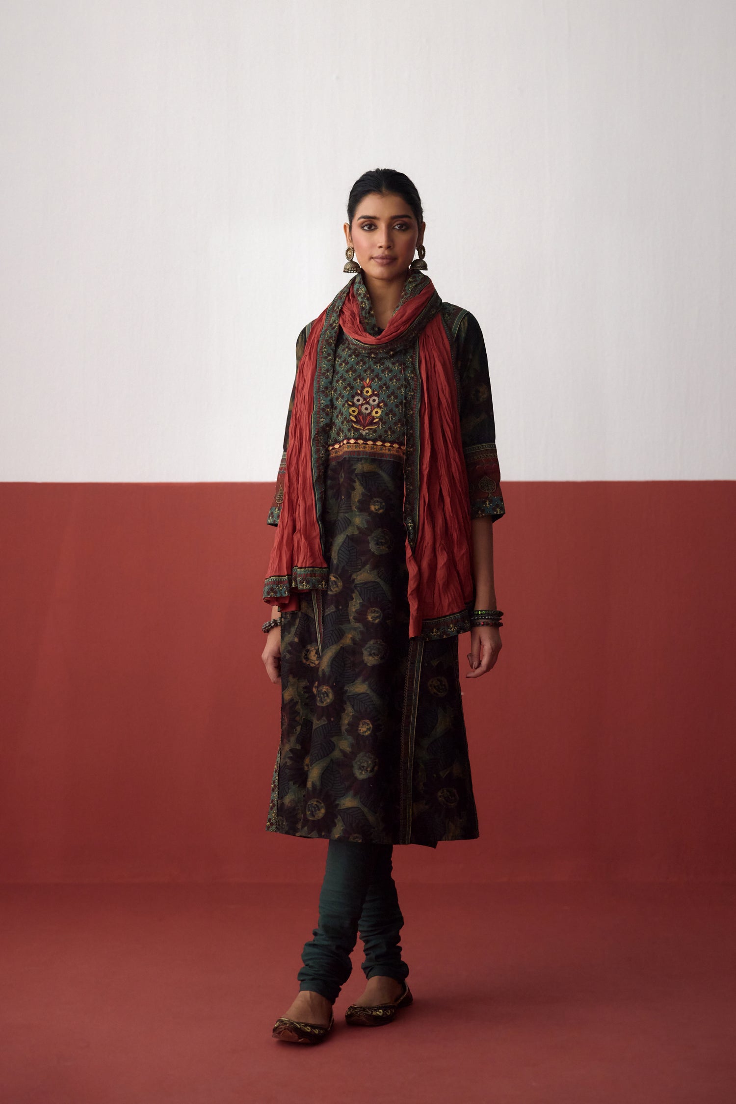 Rozana Chanderi Vanaspati Printed Kurta Green Rust (10083660693803)