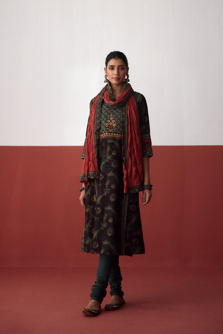Rozana Chanderi Vanaspati Printed Kurta Green Rust (10083660693803)