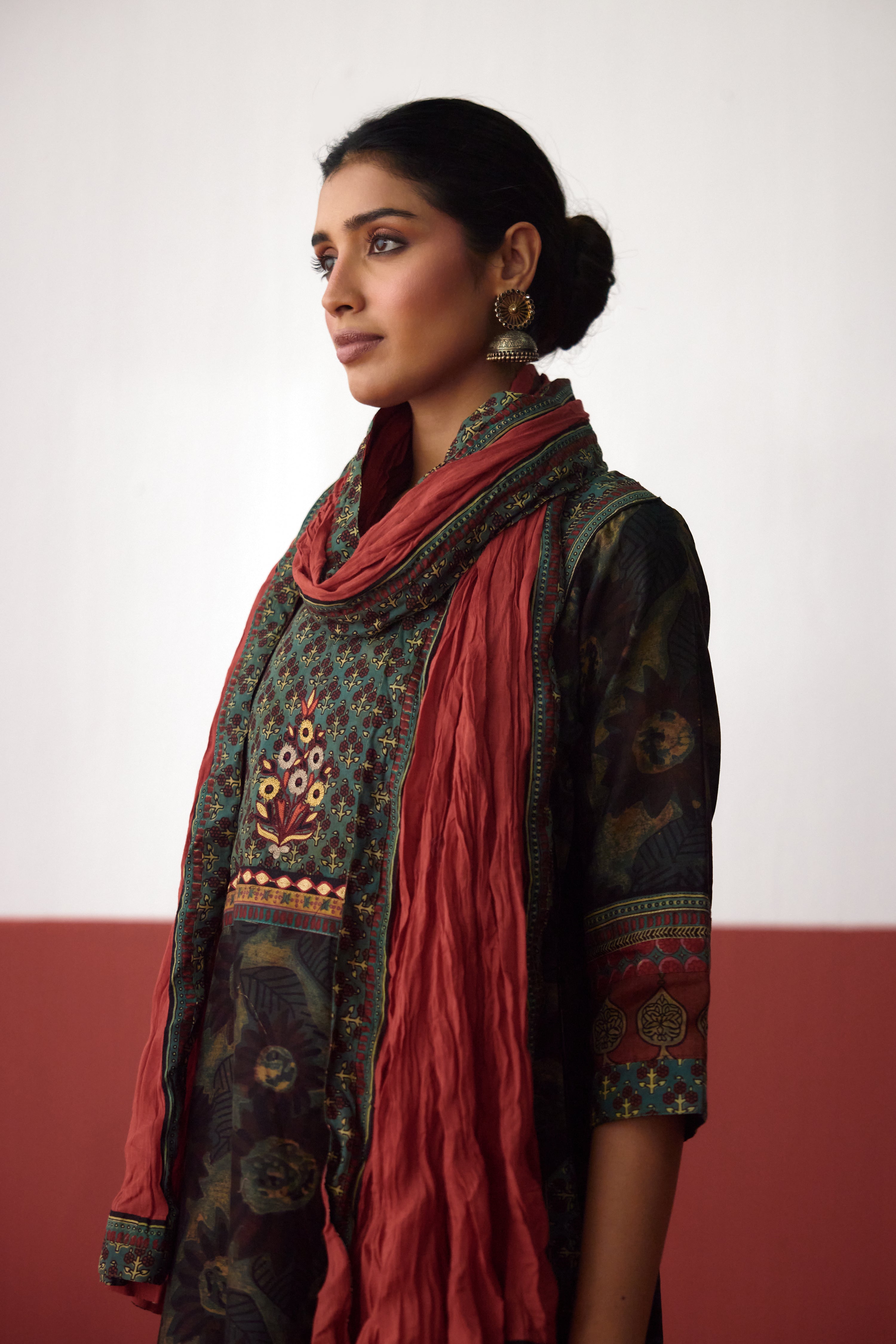 Rozana Chanderi Vanaspati Printed Kurta Green Rust (10083660693803)