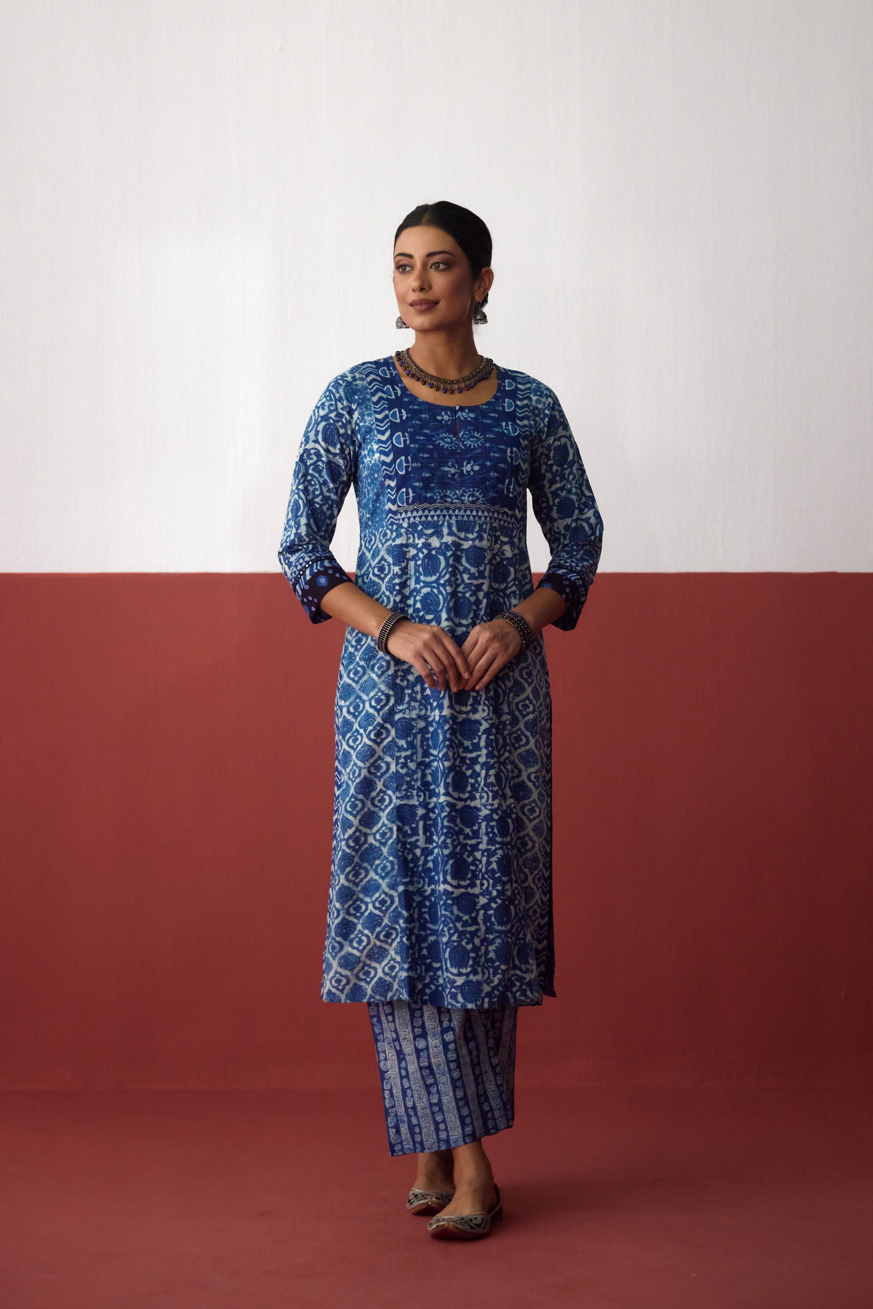 Elina Cotton Ajrakh Hand Block Printed Kurta Blue Off White (10082835759403)
