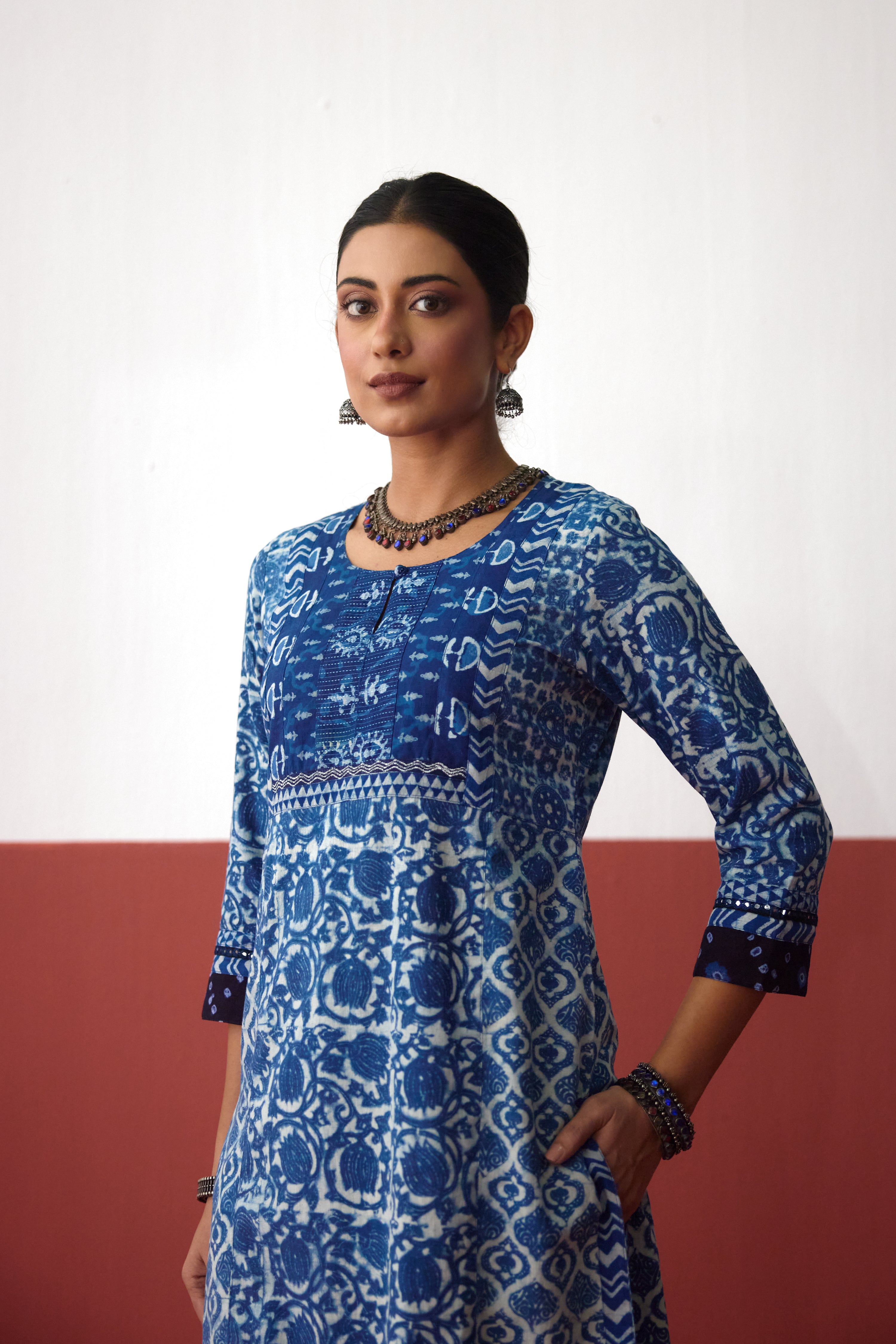 Elina Cotton Ajrakh Hand Block Printed Kurta Blue Off White (10082835759403)