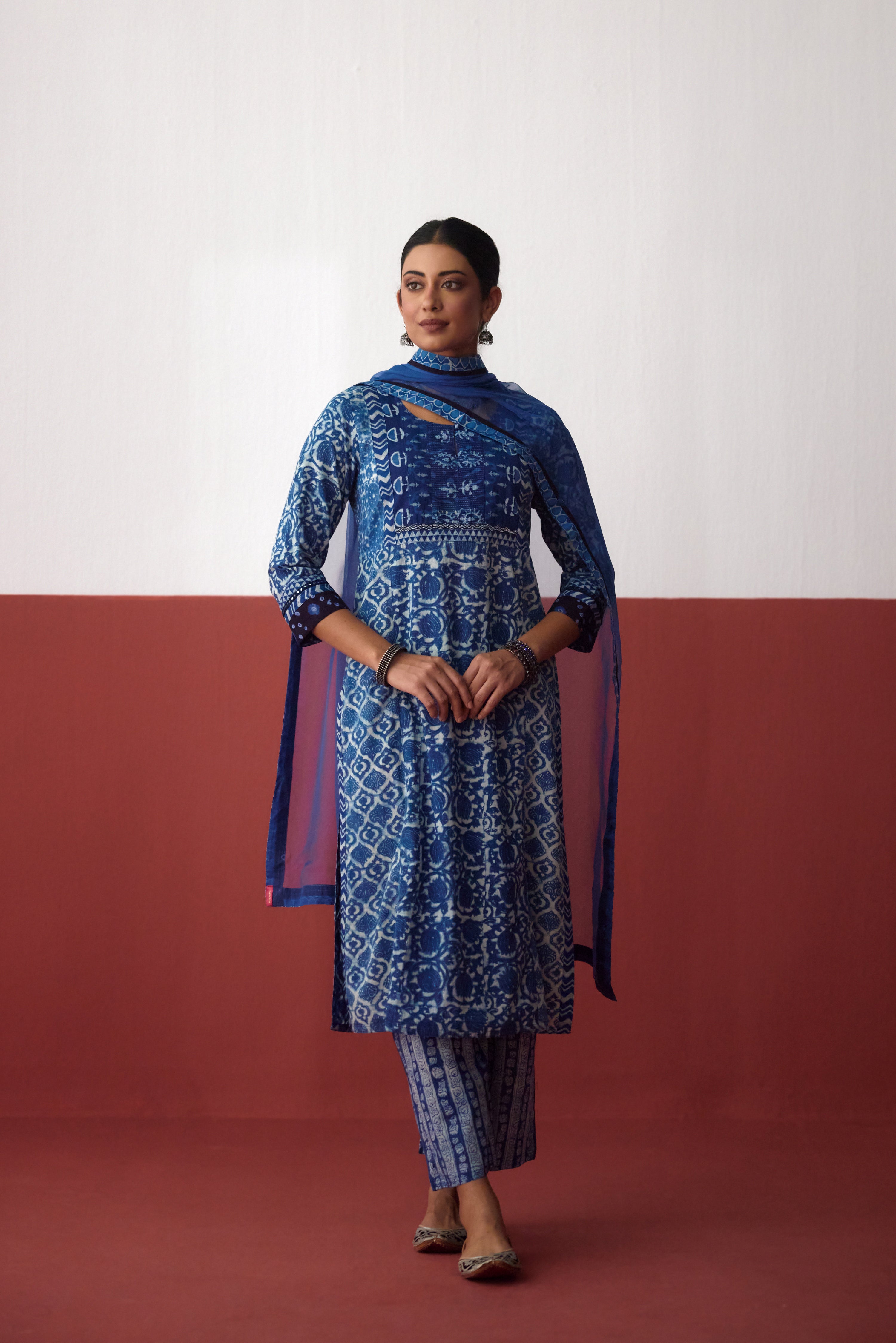 Elina Cotton Ajrakh Hand Block Printed Kurta Blue Off White (10082835759403)