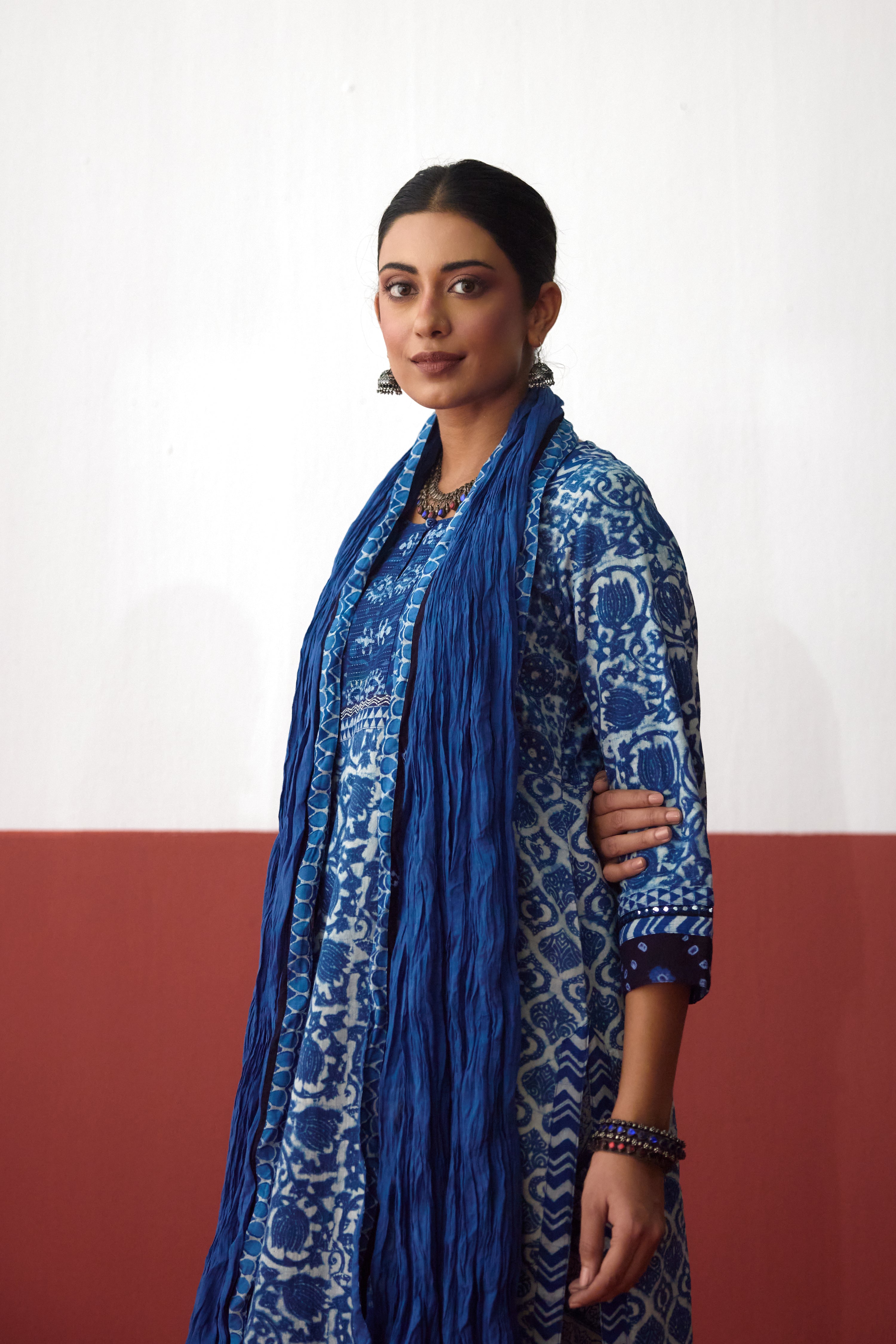 Elina Cotton Ajrakh Hand Block Printed Kurta Blue Off White (10082835759403)