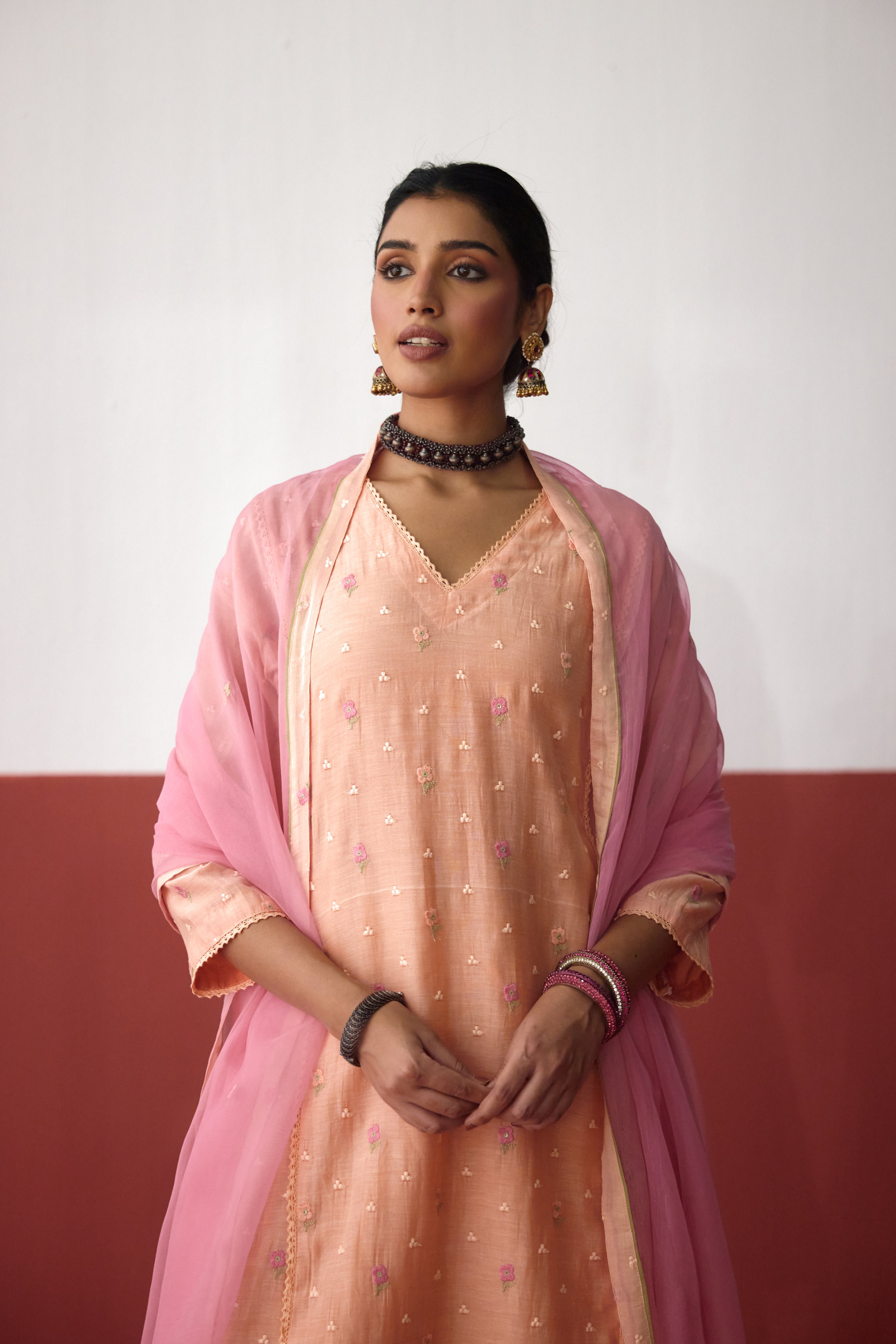 Tulsi Mul Cotton Embroidered Kurta Light Peach (10083433972011)