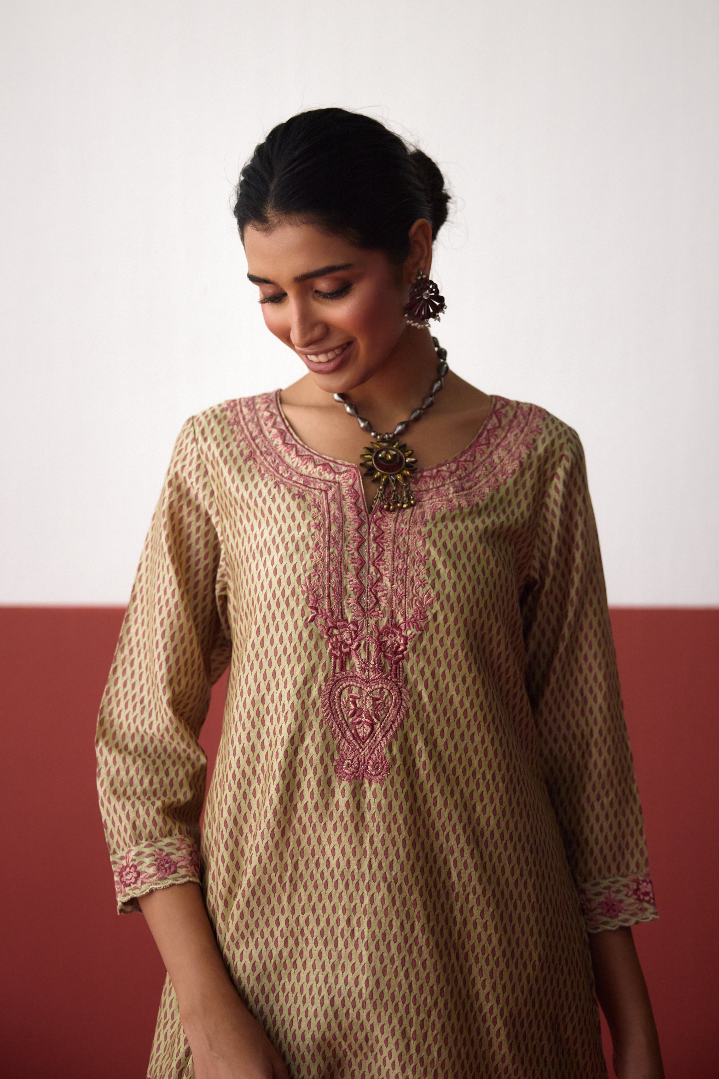 Idaya Chanderi Printed Embroidered Kurta Pista Green (10083429712171)