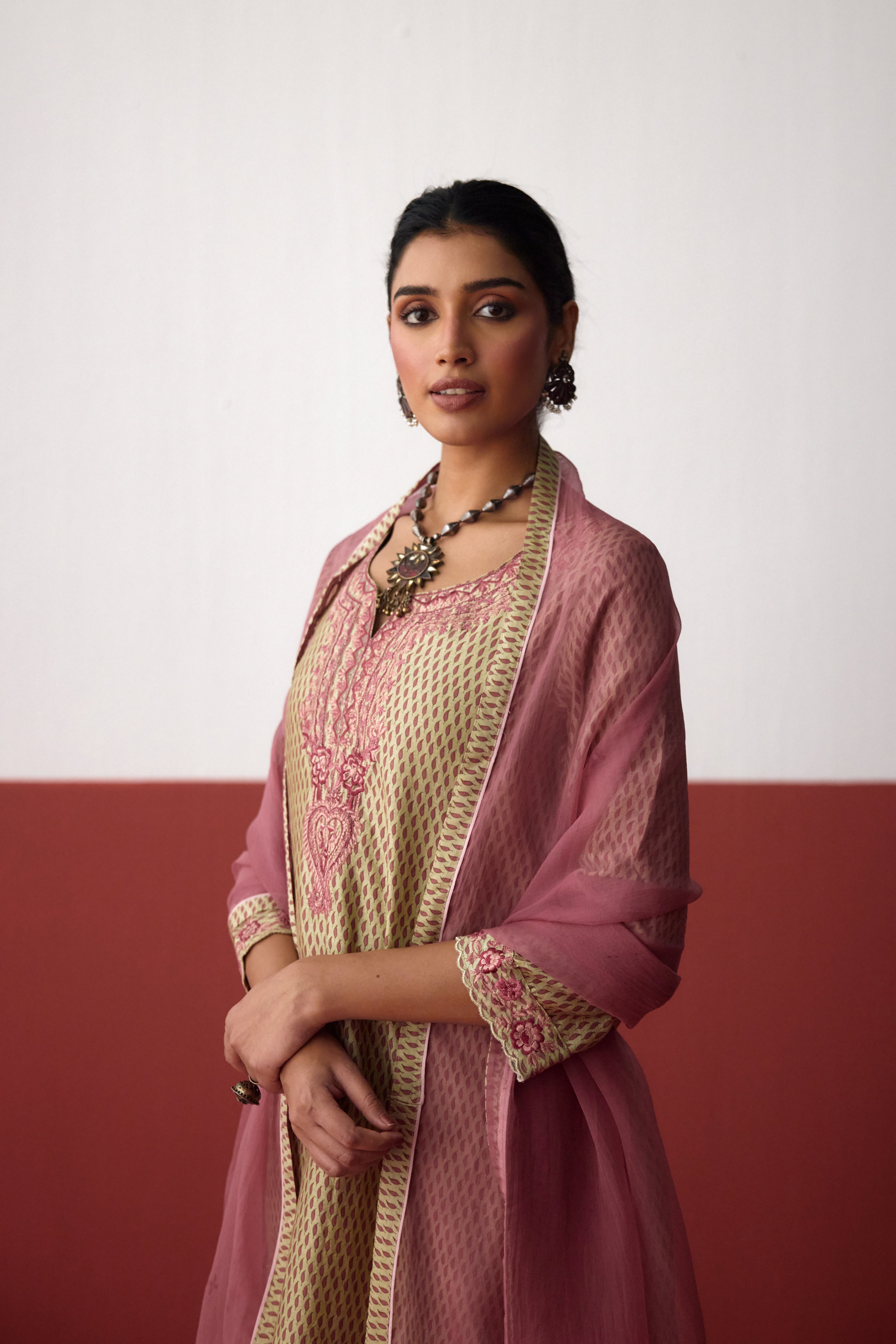 Idaya Chanderi Printed Embroidered Kurta Pista Green (10083429712171)