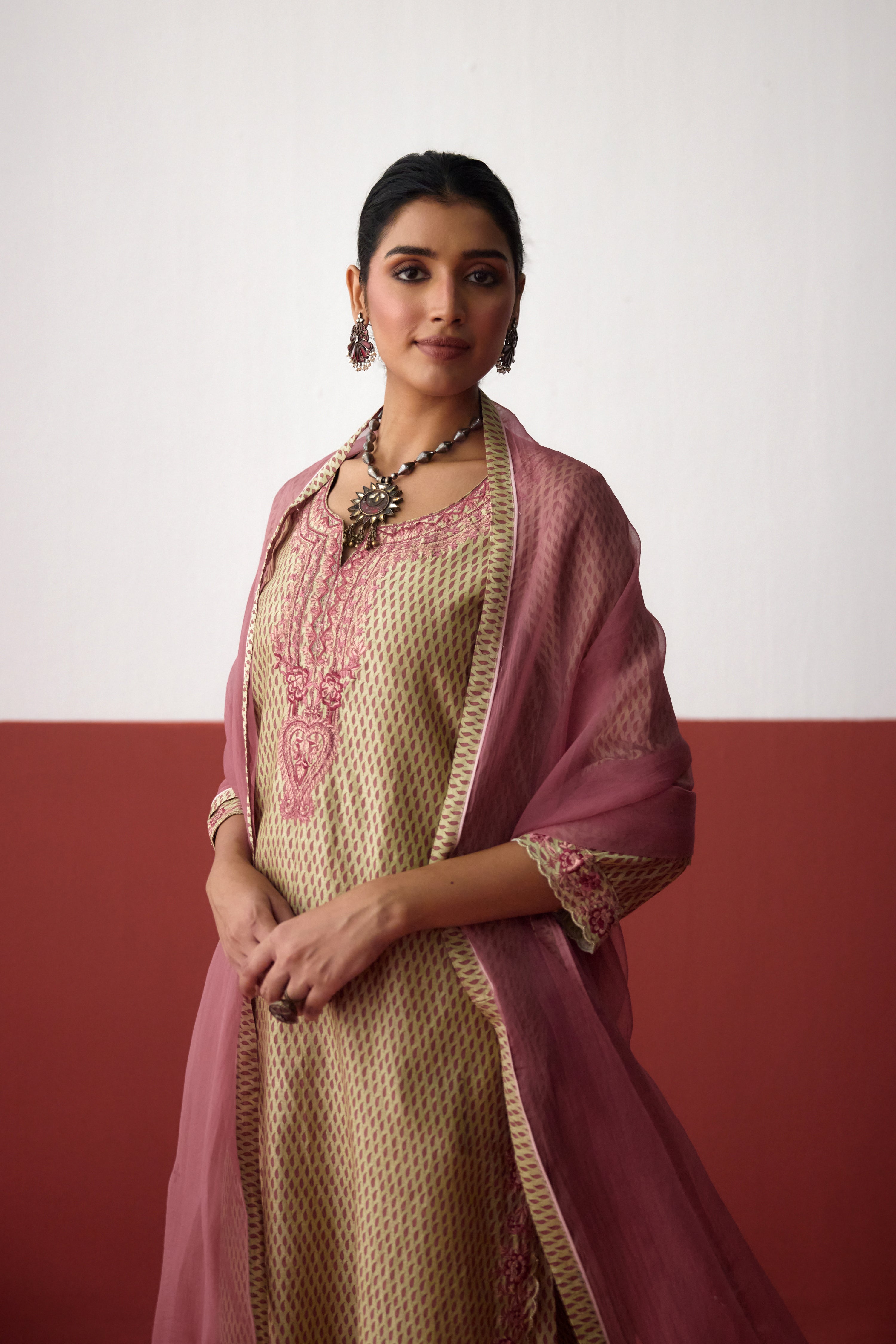 Idaya Chanderi Printed Embroidered Kurta Pista Green (10083429712171)