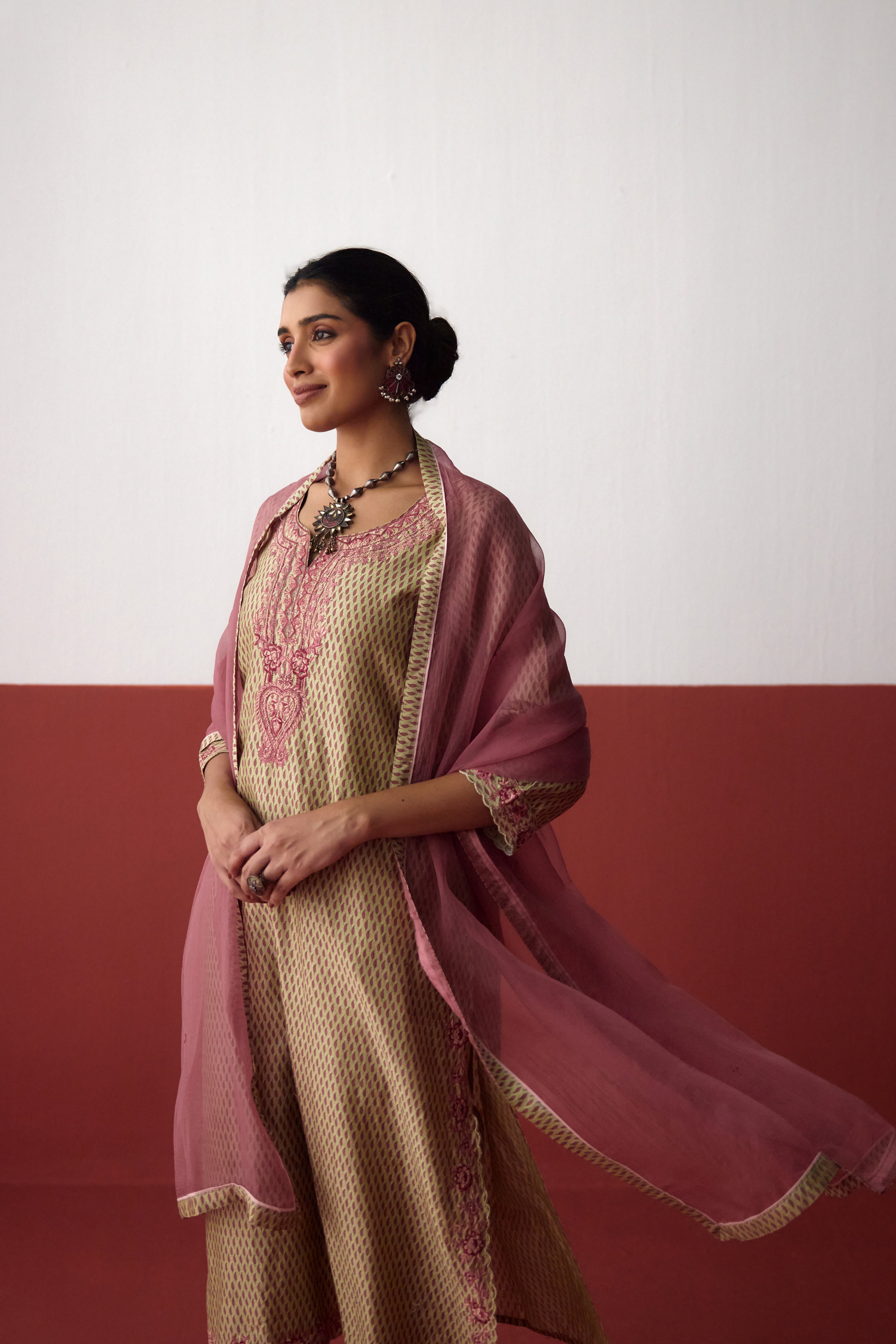 Idaya Chanderi Printed Embroidered Kurta Pista Green (10083429712171)