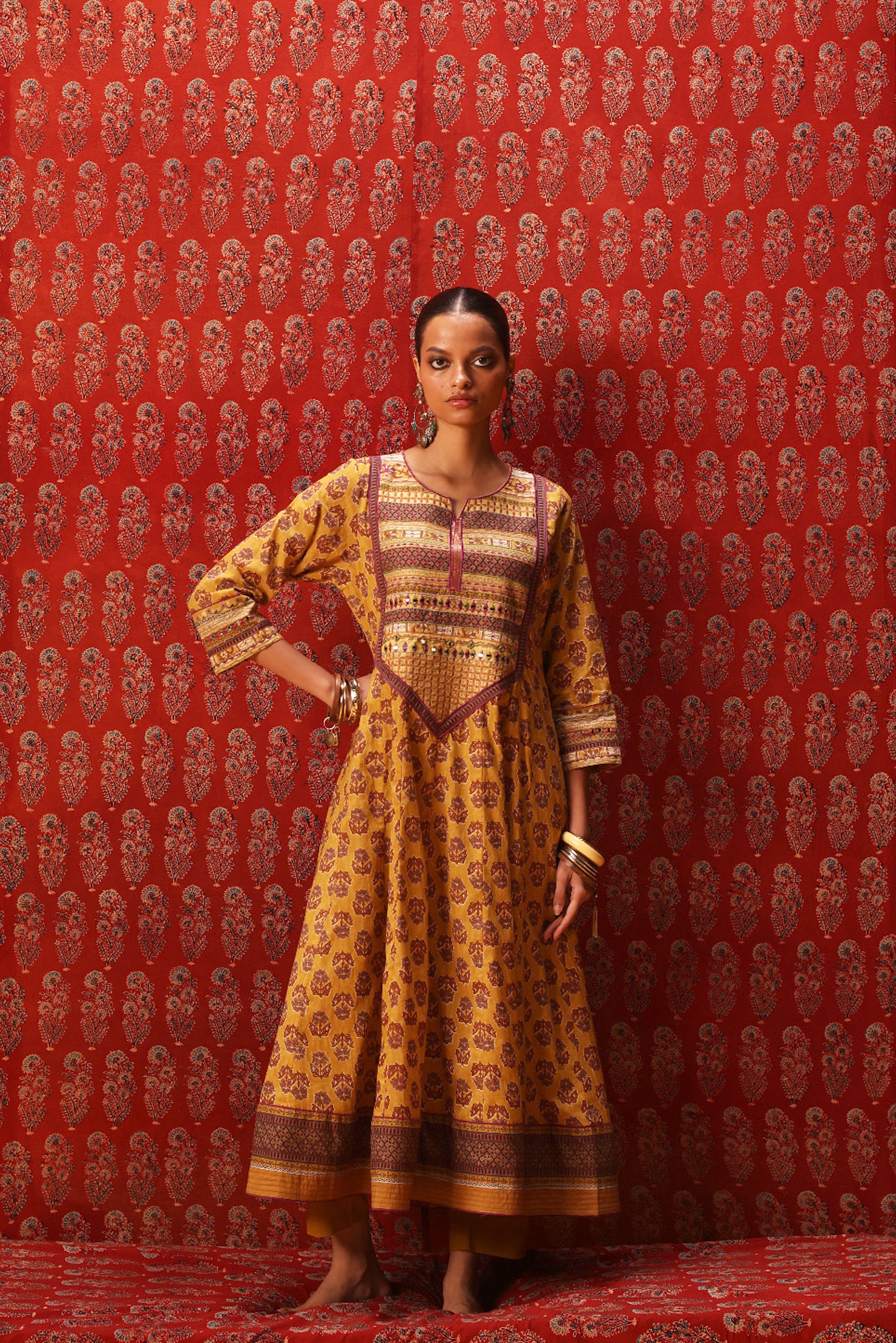 Navya Embroidered Printed Cotton Kurta Mustard (10039834771755)