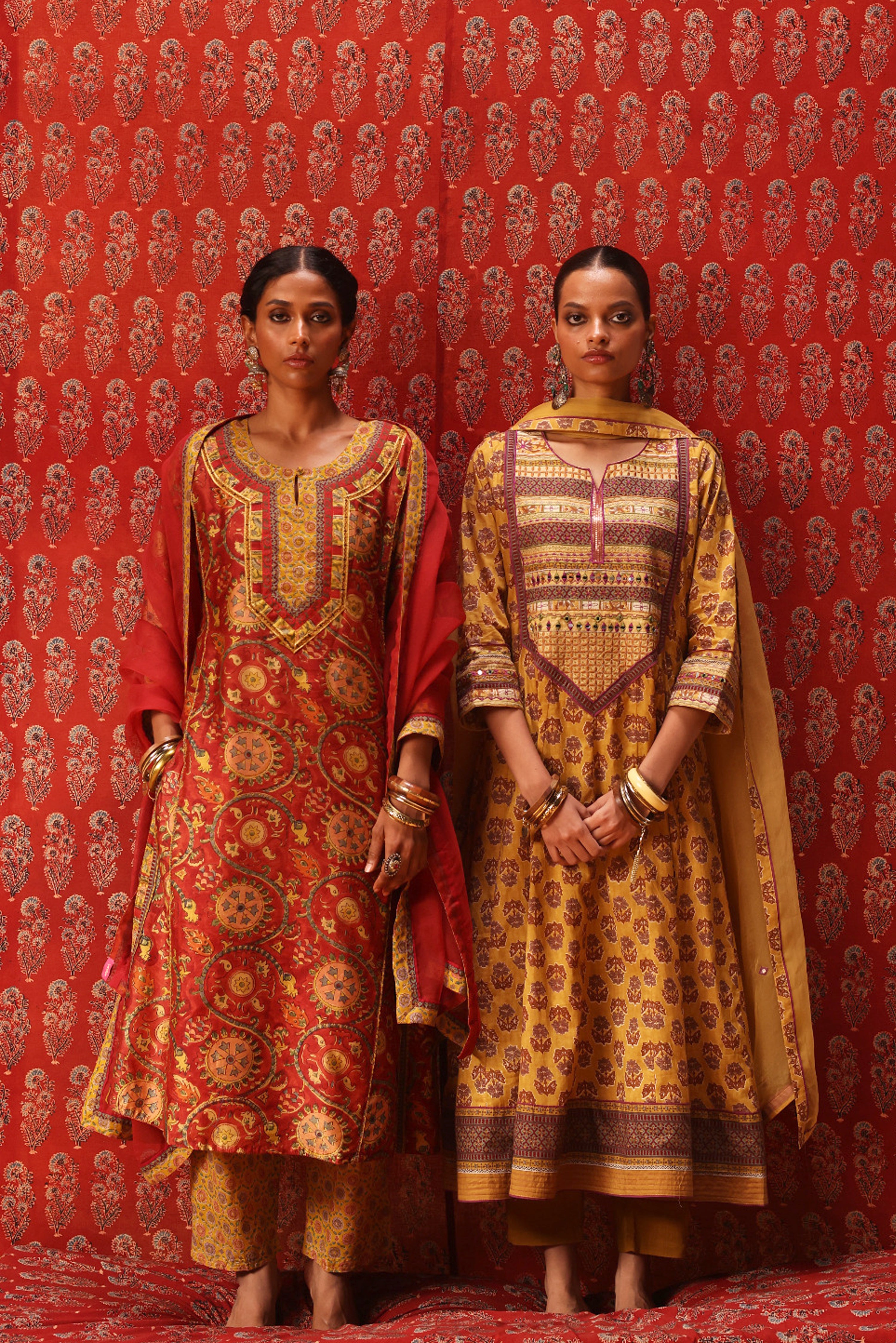 Navya Embroidered Printed Cotton Kurta Mustard (10039834771755)