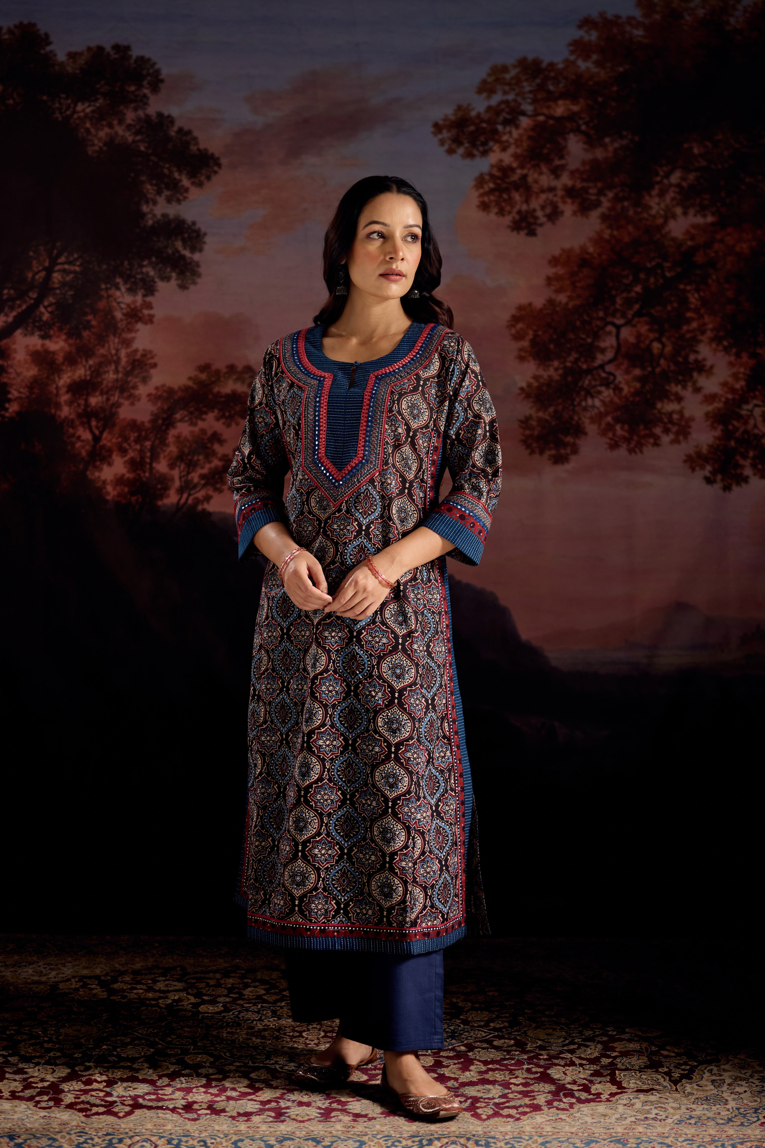 Anu Cotton Printed Kurta Black Blue (Set Of 3)