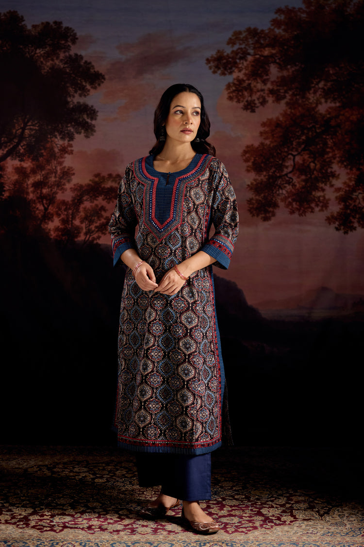 Anu Cotton Printed Kurta Black Blue (Set Of 3)