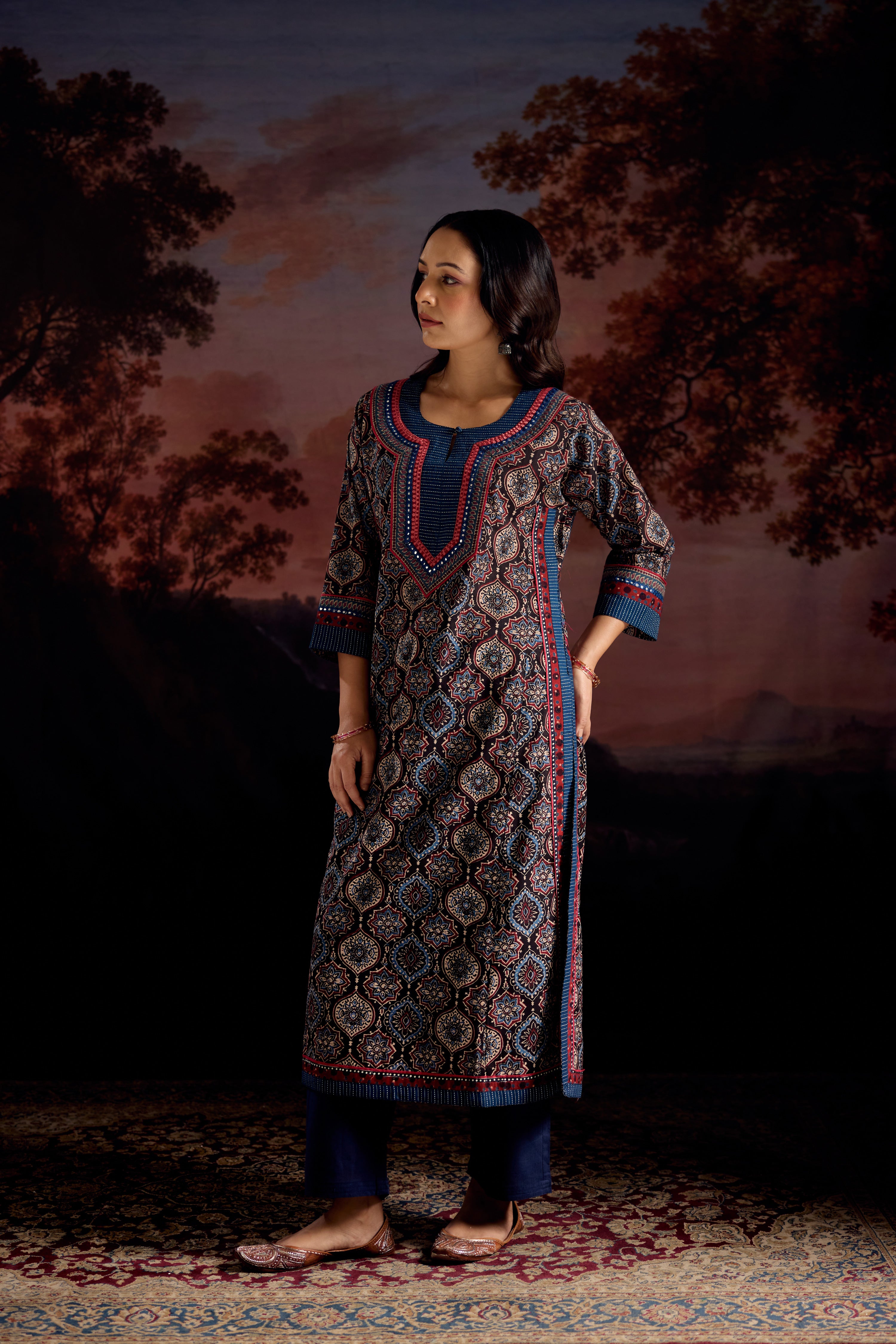 Anu Cotton Printed Kurta Black Blue (Set Of 3)