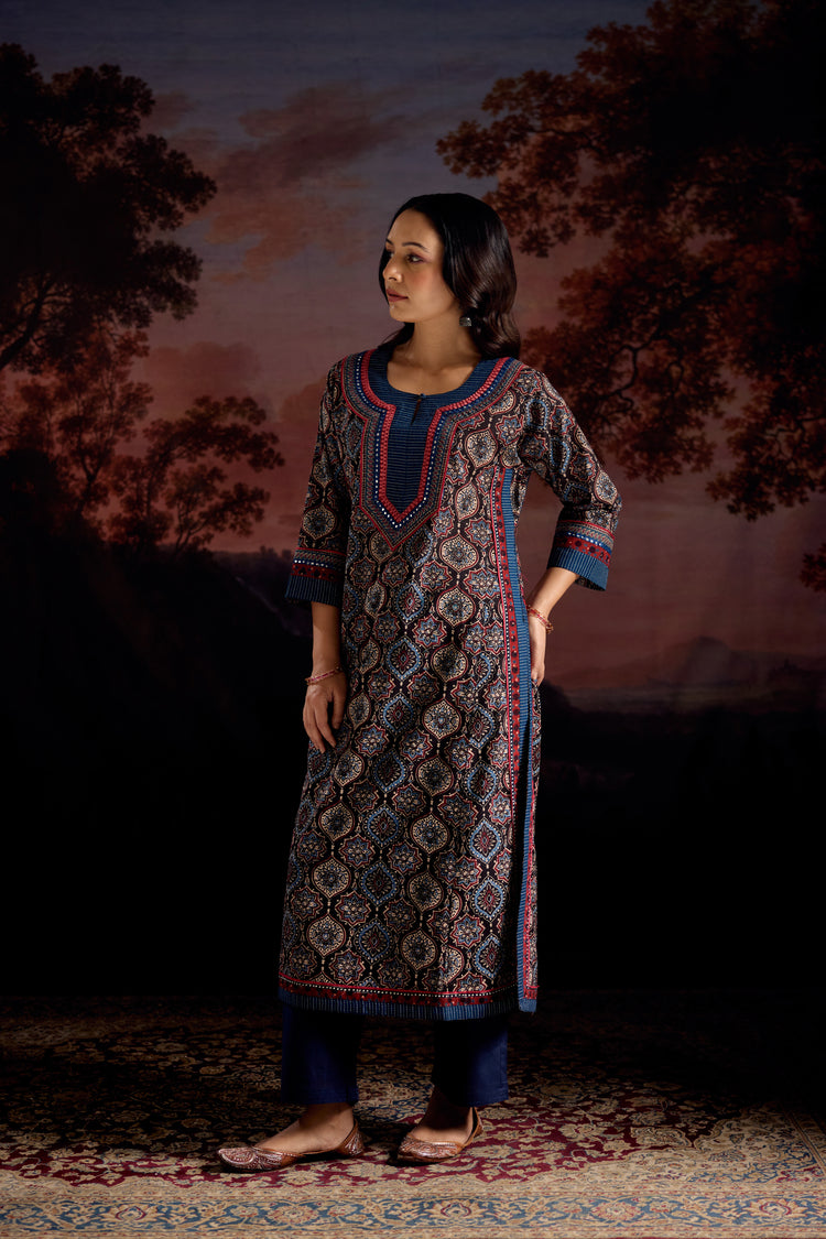 Anu Cotton Printed Kurta Black Blue (Set Of 3)