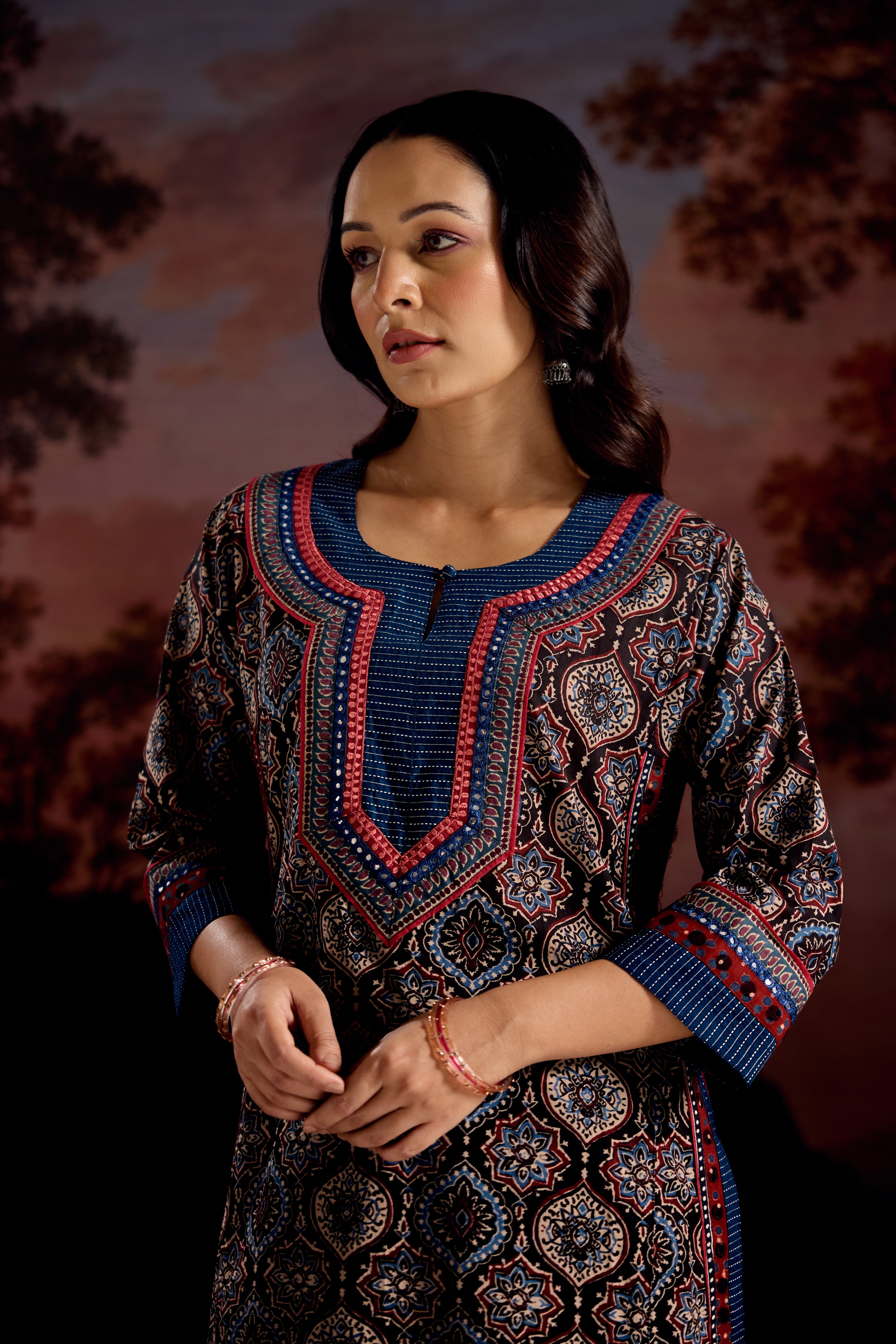 Anu Cotton Printed Kurta Black Blue (Set Of 3)