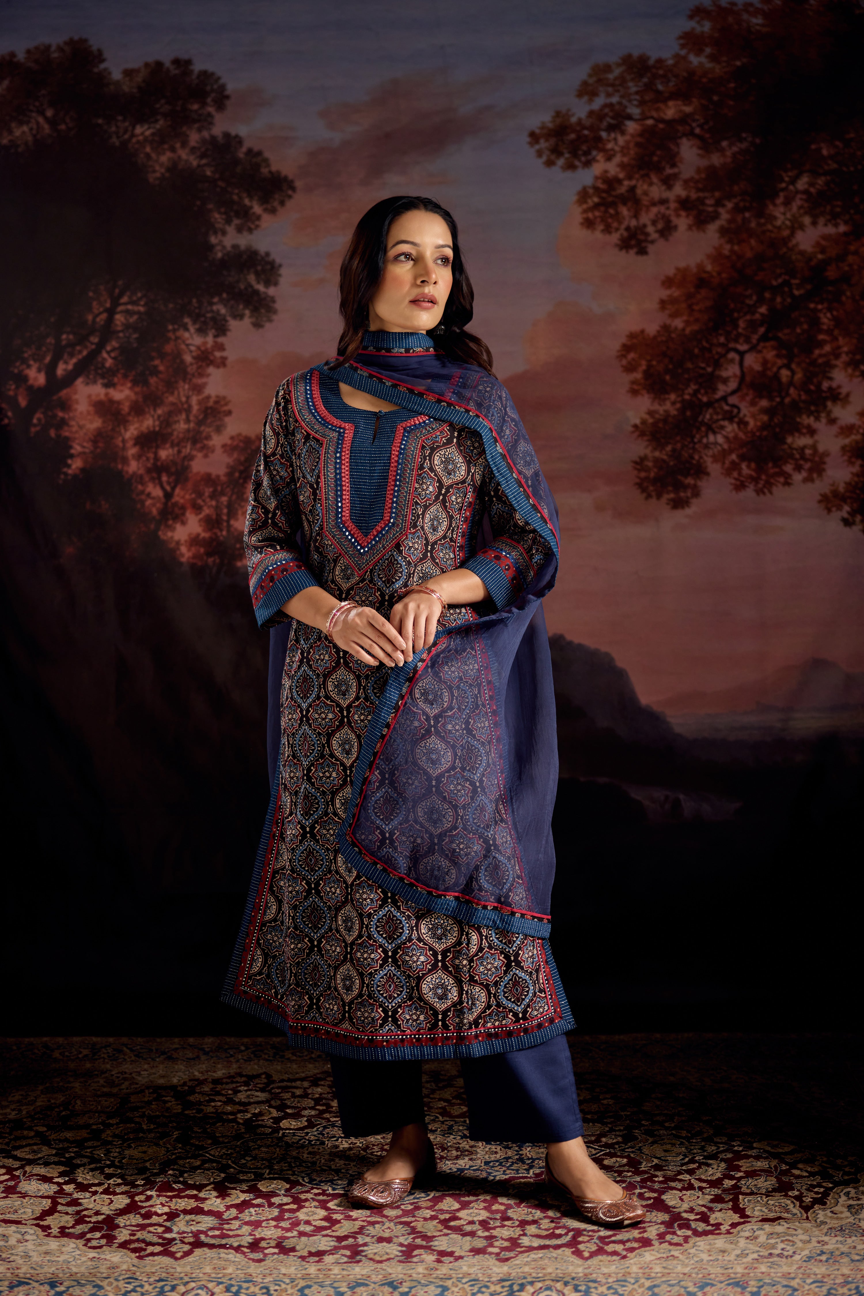 Anu Cotton Printed Kurta Black Blue (Set Of 3)