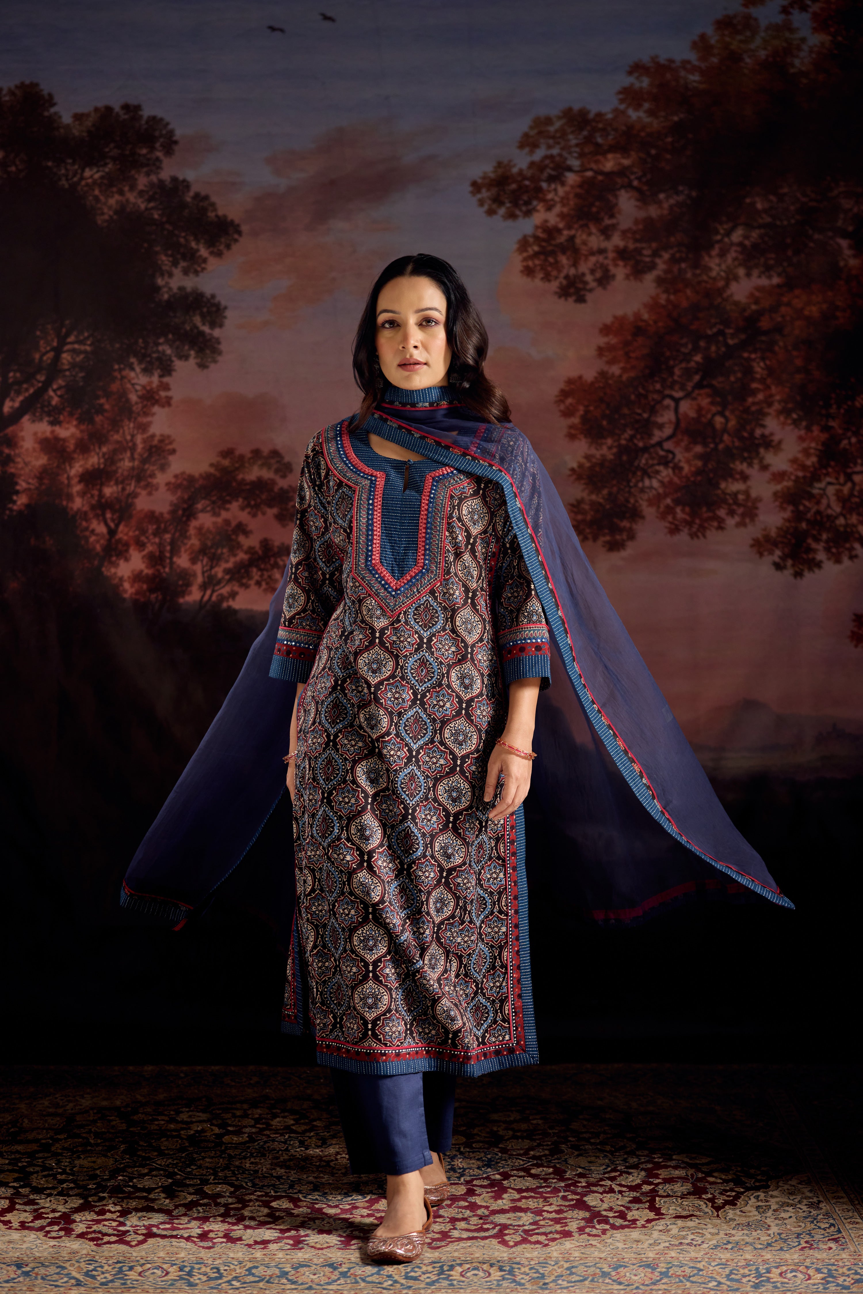 Anu Cotton Printed Kurta Black Blue (Set Of 3)