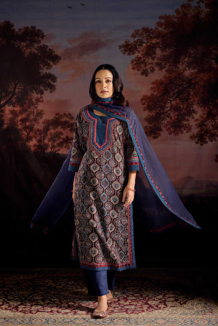 Anu Cotton Printed Kurta Black Blue (Set Of 3)