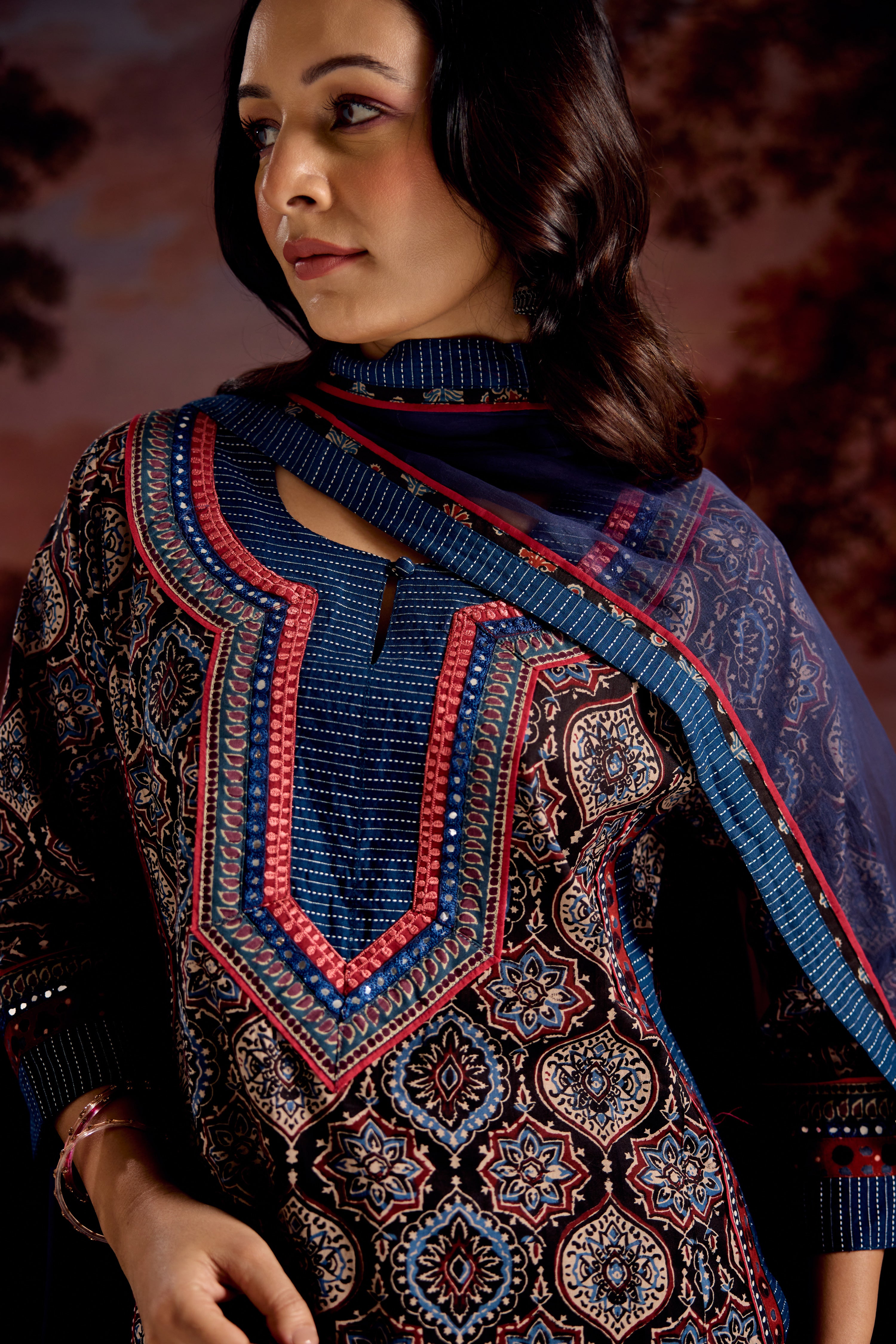 Anu Cotton Printed Kurta Black Blue (Set Of 3)